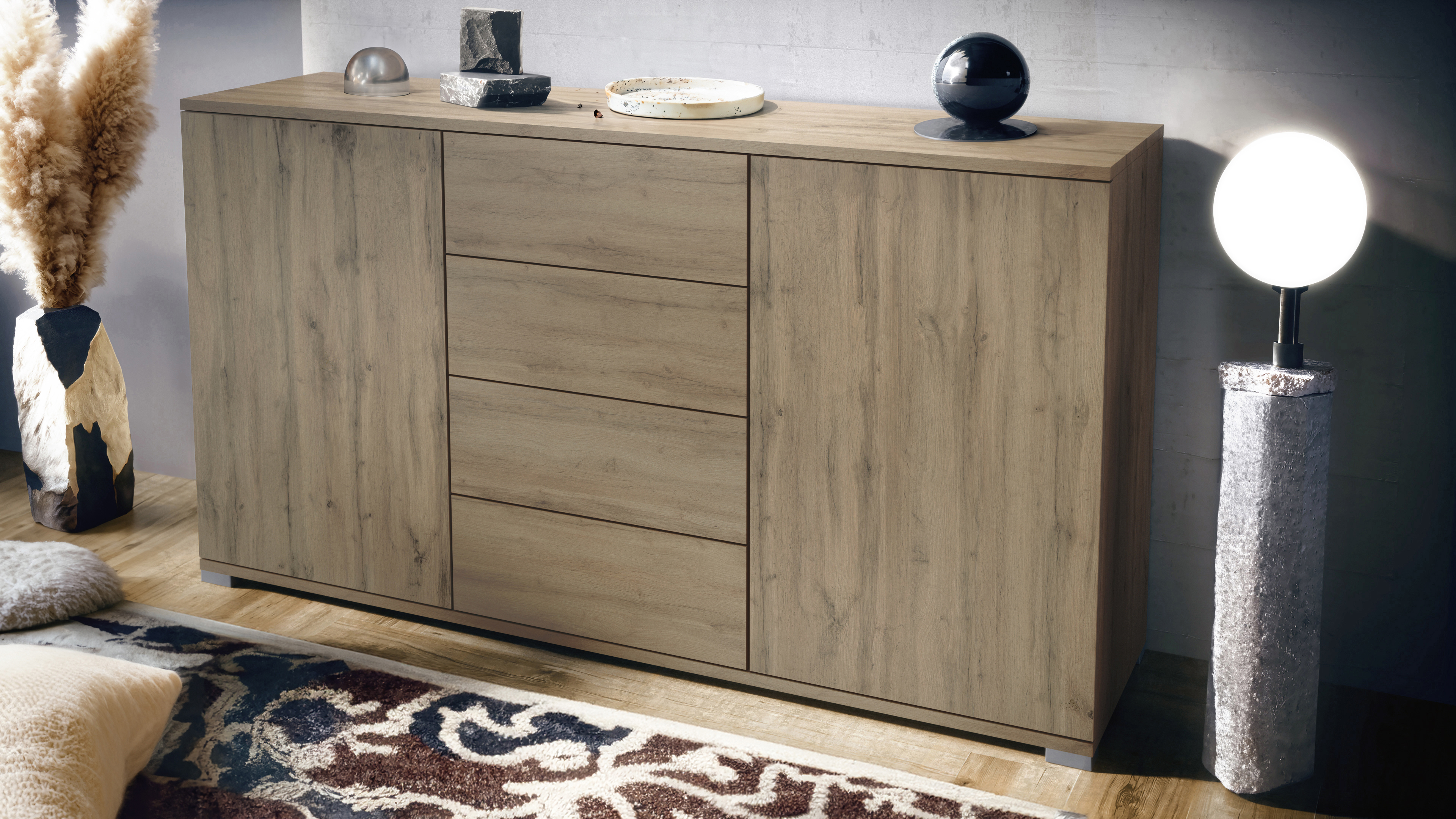 Santo V1 Sideboard Eiche Evoke mit 2 Türen und 4 Schubladen Eiche Evoke/Eiche Evoke (138,5 x 75,5 x 35 cm)