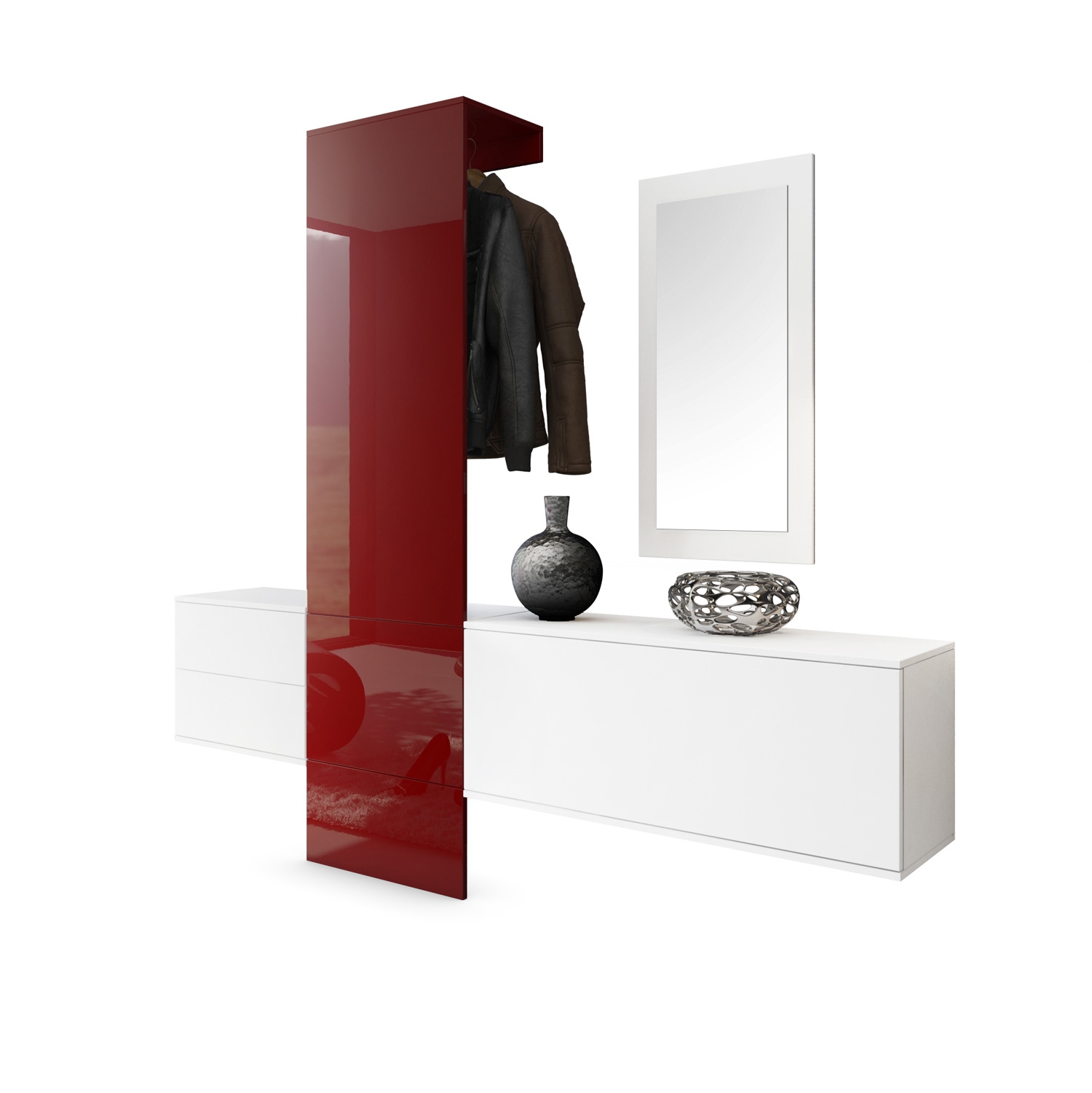 Garderobe Carlton Set 1 Weiß 4-tlg. 1 Paneel, 1 Schubkastenschrank, 1 Schrankmodul und 1 Spiegel Weiß matt/Bordeaux Hochglanz (208 x 193 x 35 cm)