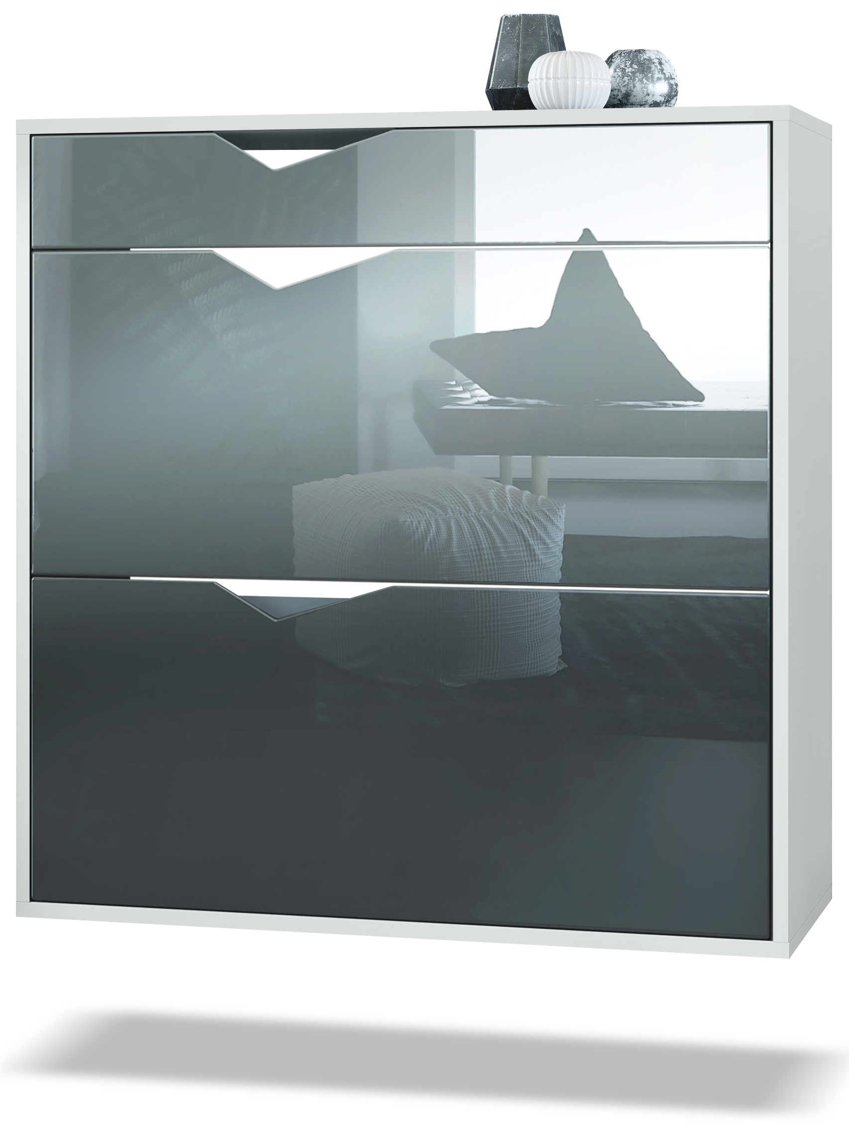 Schuhschrank Kolmio  für 16 Paar Schuhe mit 2 Klappen und Schublade Weiß matt/Grau Hochglanz (85 x 87 x 33 cm)