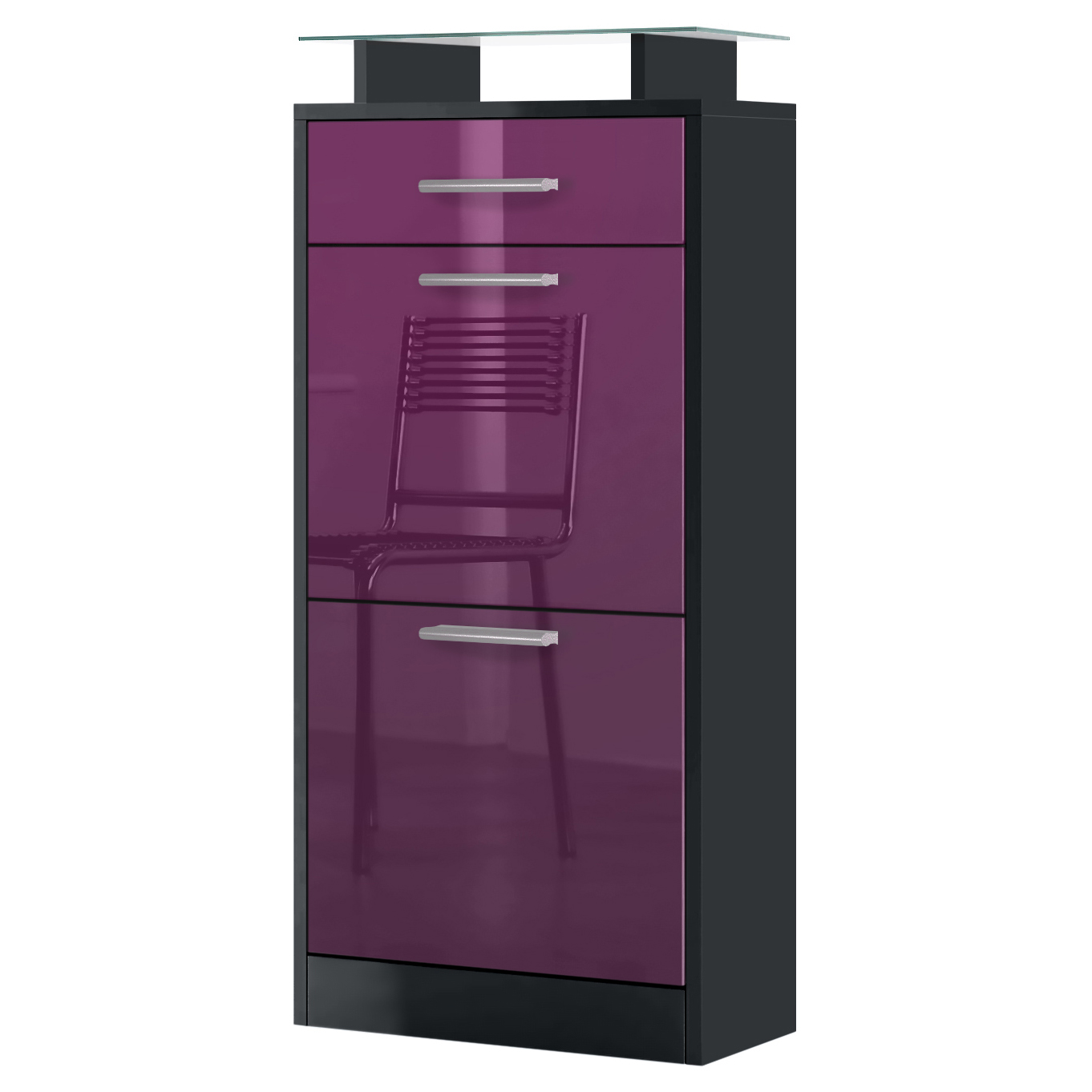 Schuhschrank Loret V2 mit 2 Klappen, 1 Schublade und Glasablage Schwarz matt/Brombeer Hochglanz (46 x 104 x 23 cm)