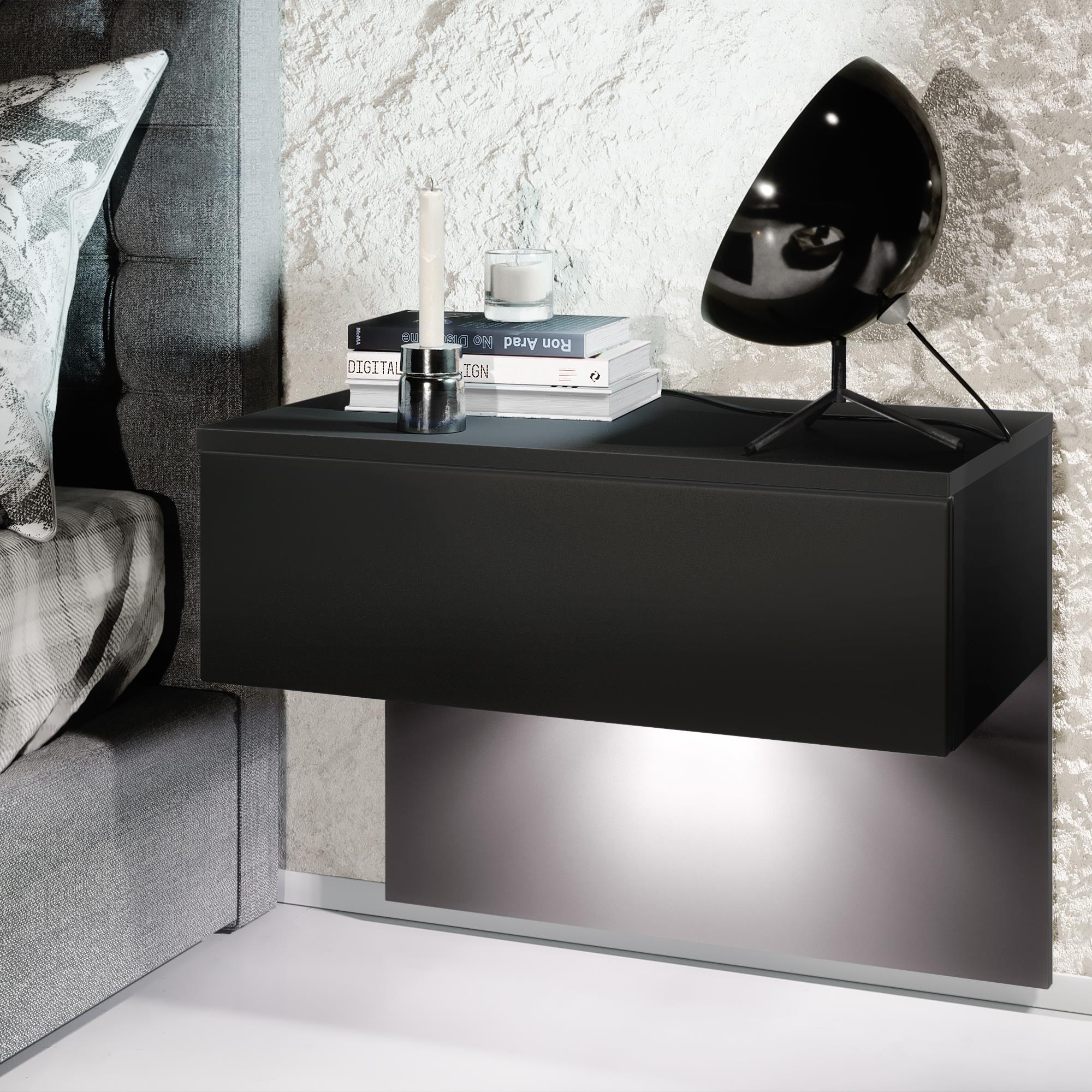 Nachttisch Sleep  mit Schublade zur Wandmontage Schwarz matt, inkl. LED-Beleuchtung (60 x 46 x 35 cm)