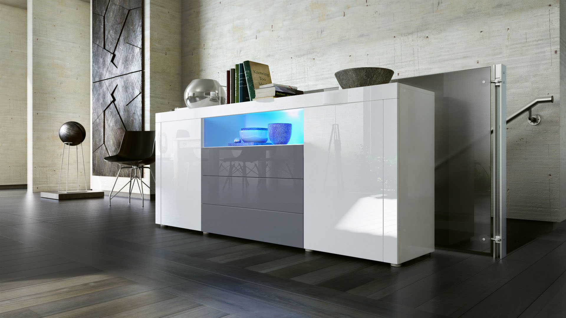 Sideboard Santiago mit 2 großen Türen und 3 Schubladen Weiß Hochglanz/Grau Hochglanz (167 x 72 x 35 cm)