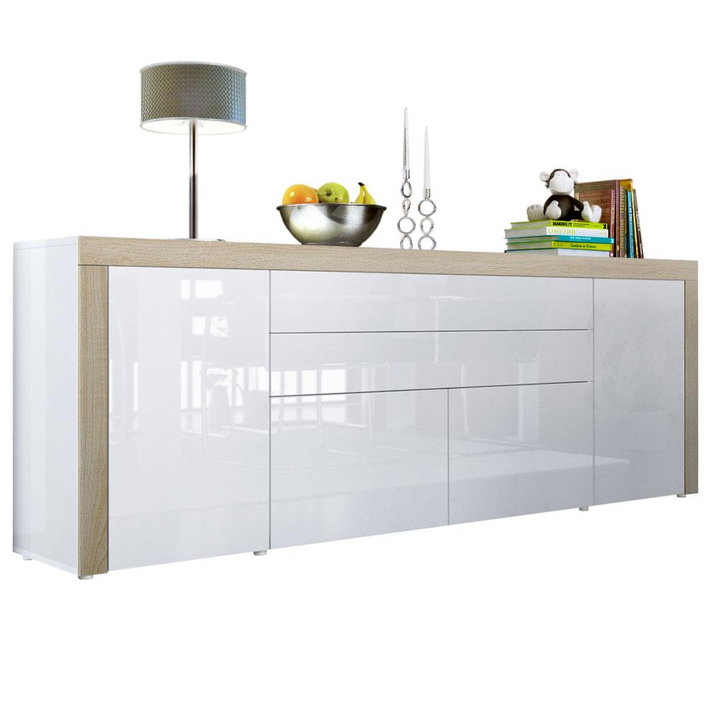 Sideboard La Paz V2 mit 2 Türen, 2 Schubkästen und 2 Klappen Weiß Hochglanz/Eiche sägerau (200 x 72 x 35 cm)