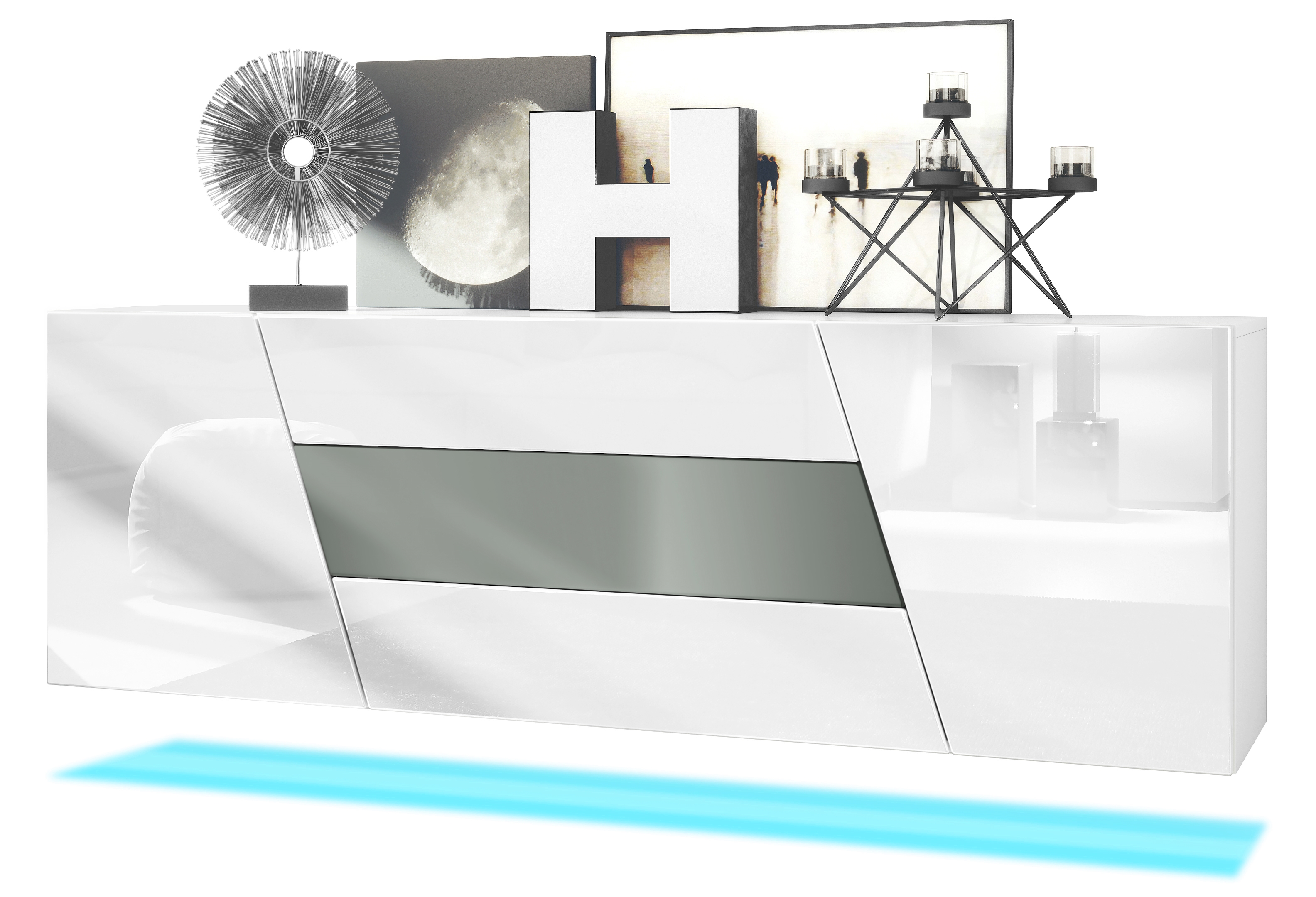Houston Sideboard hängend mit 2 Türen und 3 Schubladen inkl. LED-Beleuchtung Weiß matt/Weiß Hochglanz/Graphit Seidenmatt (178 x 57,5 x 38,5 cm)