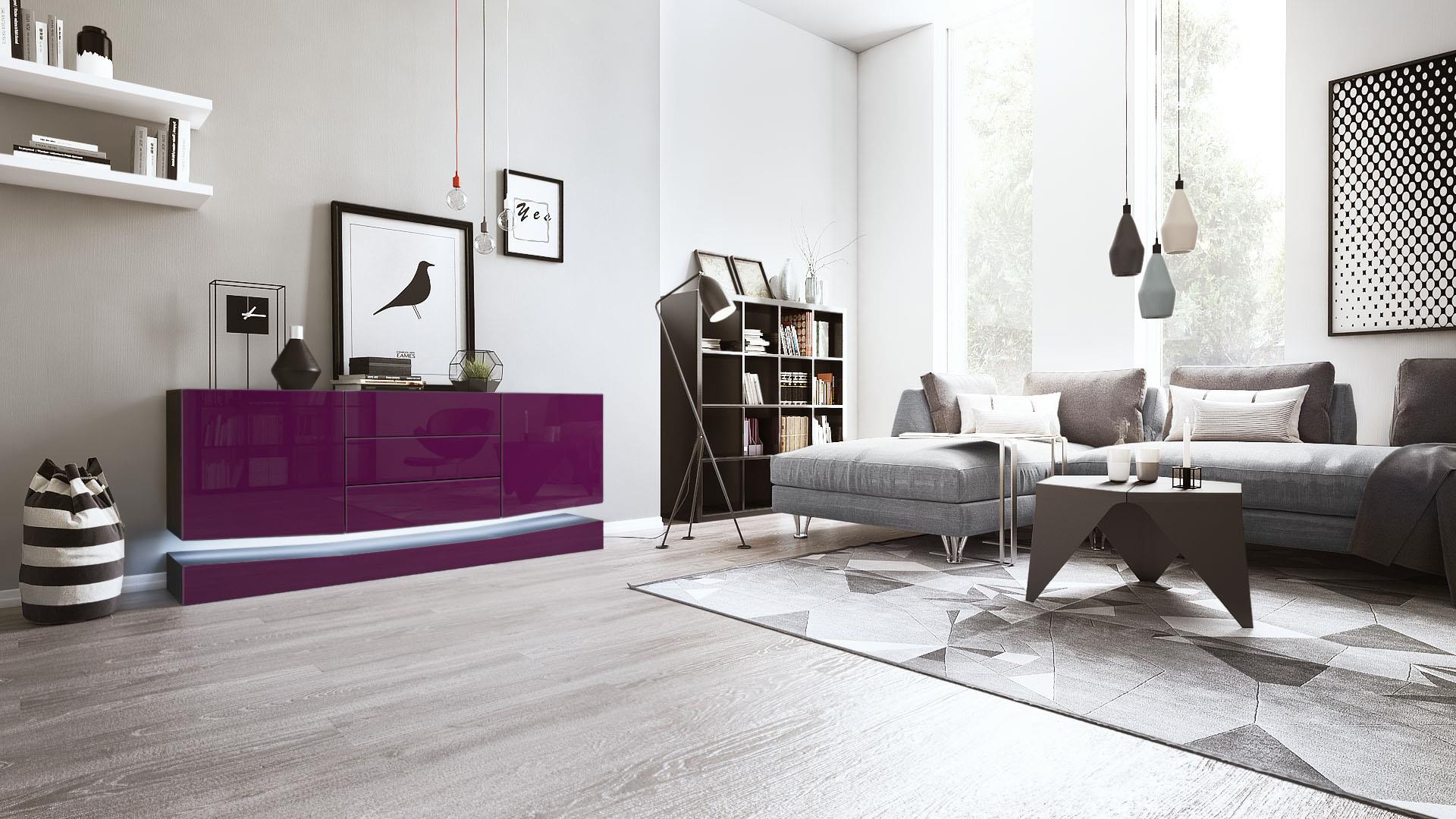 Sideboard City und 3 Schubladen inkl. LED-Beleuchtung,  Schwarz matt/Brombeer Hochglanz (178 x 72 x 38 cm)