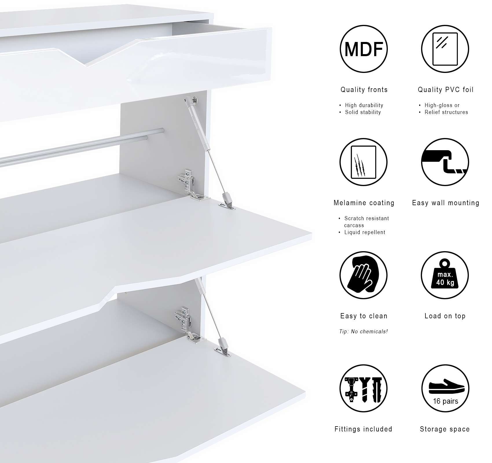 Schuhschrank Kolmio  für 16 Paar Schuhe mit 2 Klappen und Schublade Weiß matt/Beton Oxid Optik (85 x 87 x 33 cm)