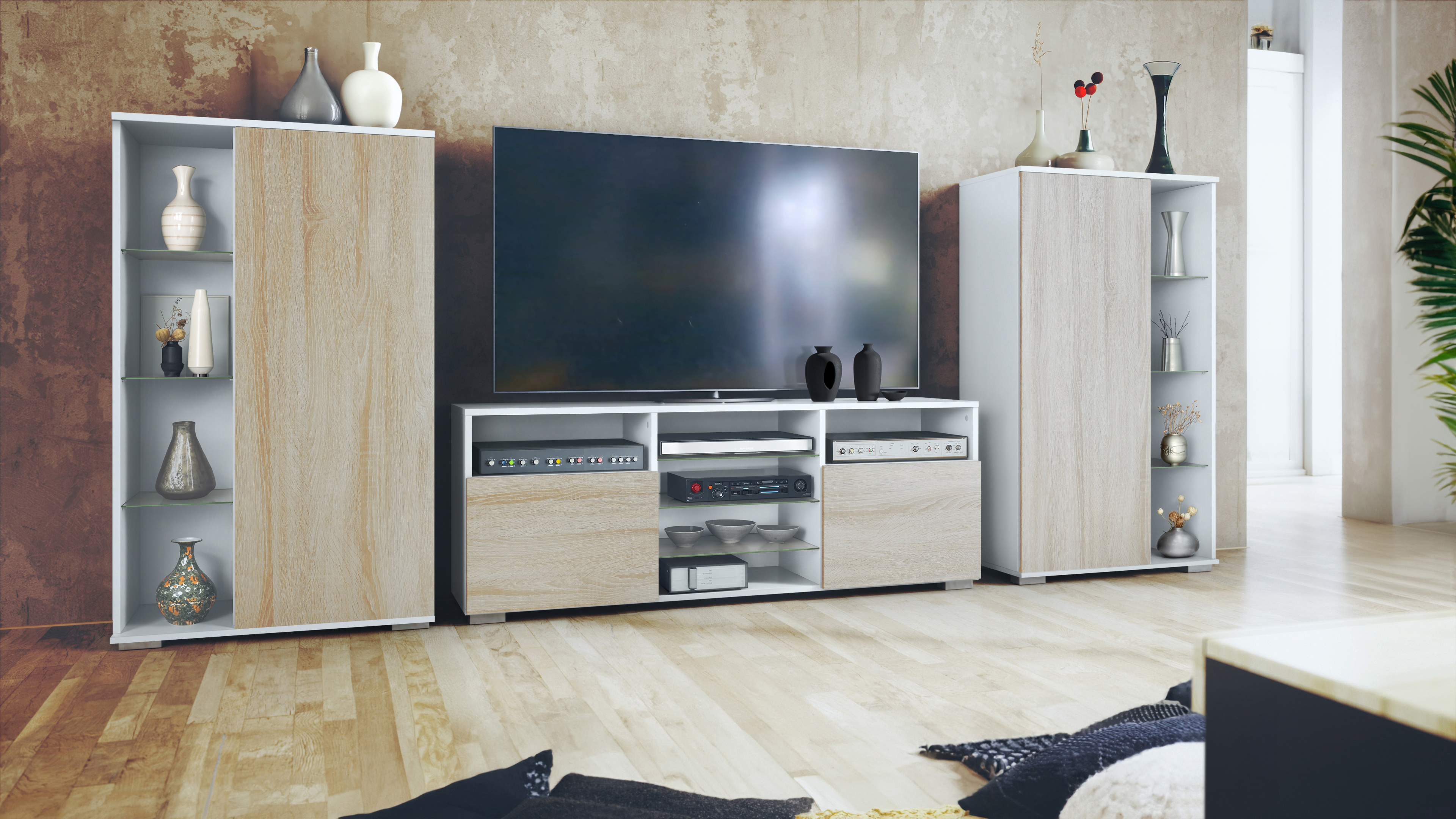 Wohnwand Davos 3-tlg. bestehend aus 2 Vitrinen und 1 TV-Board Weiß matt/Eiche sägerau (329 x 134 x 35 cm)