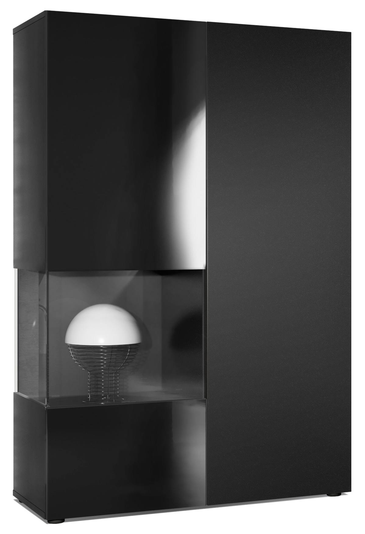 Vitrine Morena  mit 2 Türen dahinter ingesamt 7 Fächer Schwarz matt/Schwarz Hochglanz (92 x 135 x 37 cm)