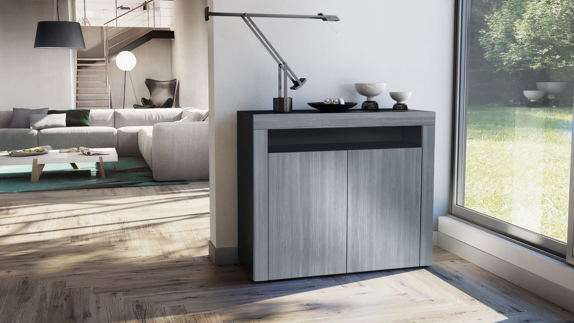 Kommode Valencia Sideboard mit 2 Türen und 1 offenem Fach Schwarz matt/Avola-Anthrazit/Avola-Anthrazit (108 x 92 x 40 cm)