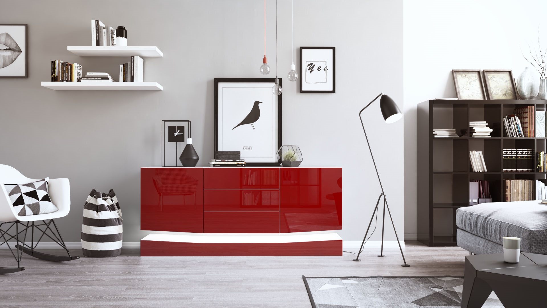 Sideboard City und 3 Schubladen inkl. LED-Beleuchtung,  Weiß matt/Bordeaux Hochglanz (178 x 72 x 38 cm)