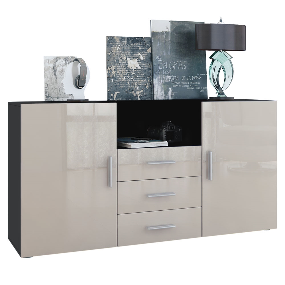 Sideboard Skadu  mit 2 Türen, 3 Schubladen und 1 offenem Fach Schwarz matt/Sandgrau Hochglanz (138,5 x 71,5 x 35 cm)