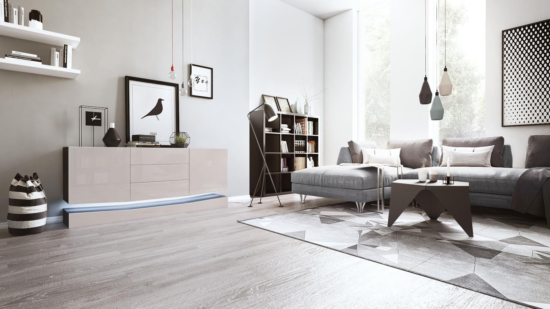 Sideboard City und 3 Schubladen inkl. LED-Beleuchtung,  Schwarz matt/Sandgrau Hochglanz (178 x 72 x 38 cm)