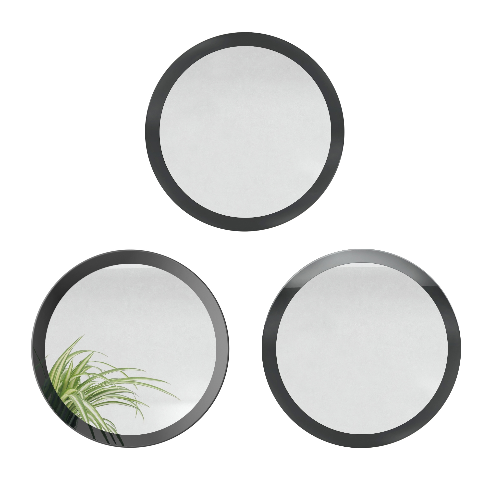 Globe Spiegel 3er Set für Flur und Wohnzimmer mit MDF-Rahmen in Schwarz Hochglanz (50 cm Durchmesser)