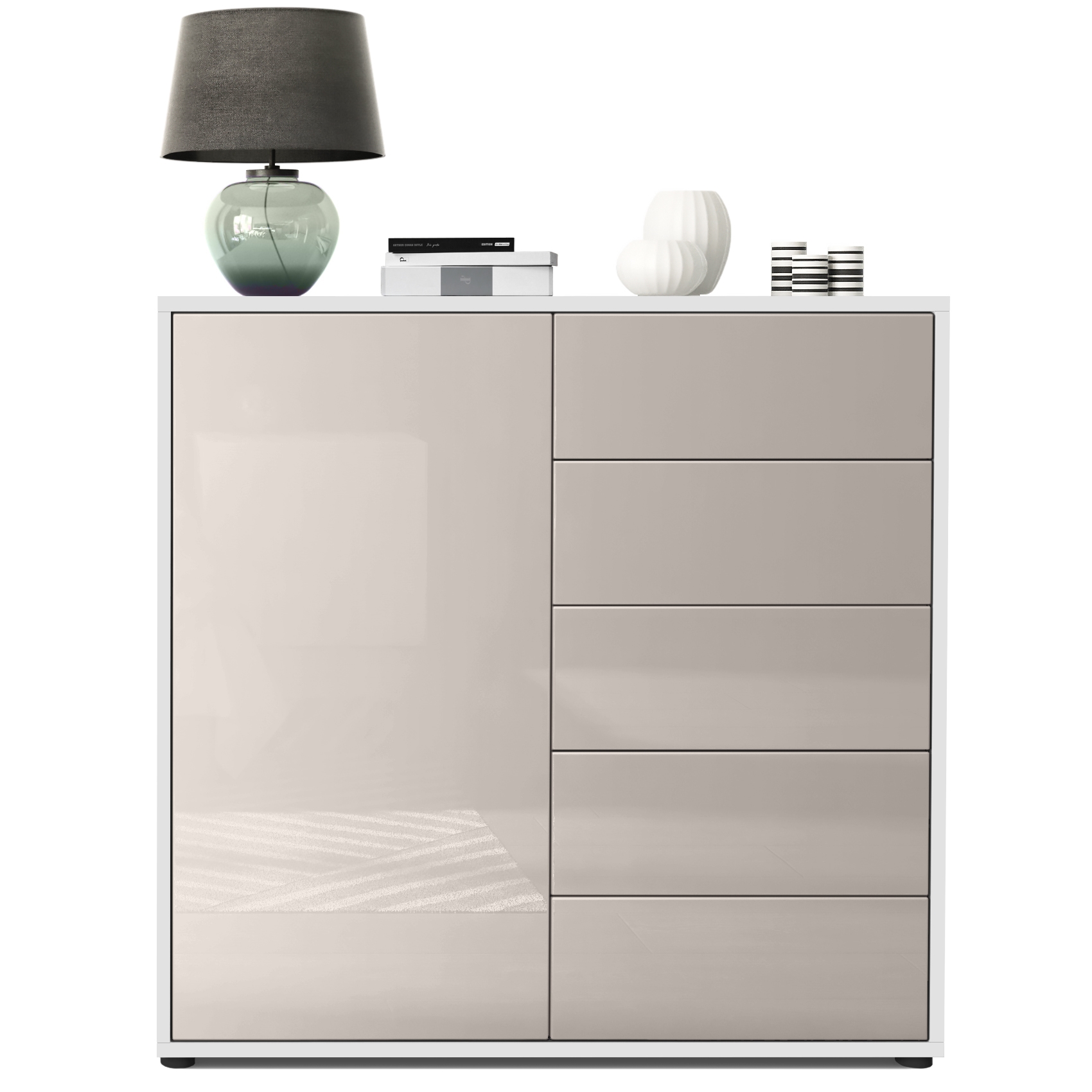 Kommode Ben V2  mit 1 Tür und 5 Schubladen Weiß matt/Sandgrau Hochglanz (79 x 74 x 36 cm)