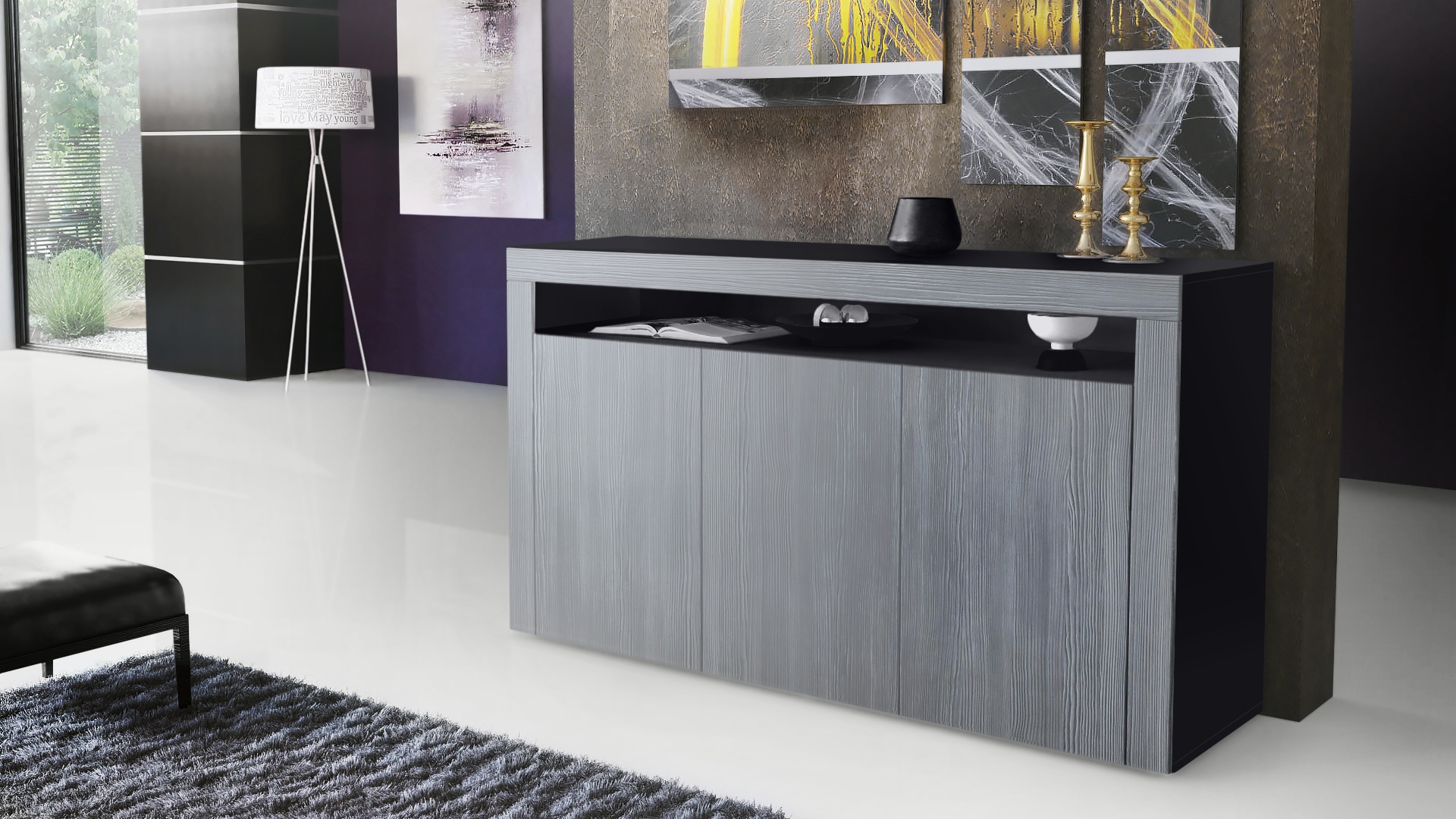 Sideboard Valencia mit 3 Türen und 1 offenem Fach Schwarz matt/Avola-Anthrazit/Avola-Anthrazit (155 x 92 x 40 cm)