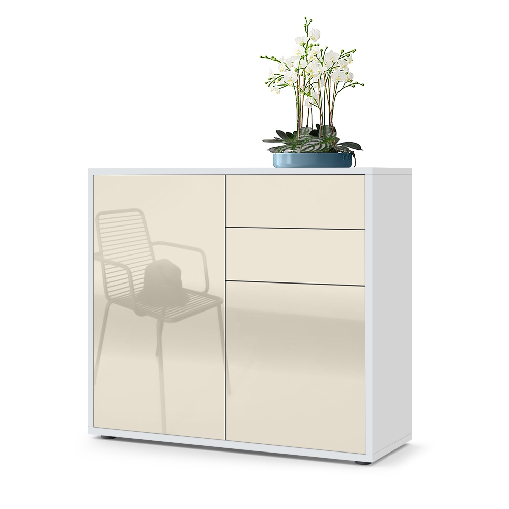 Kommode Ben  mit 2 Türen und 2 Schubladen Weiß matt/Creme Hochglanz (79 x 74 x 36 cm)