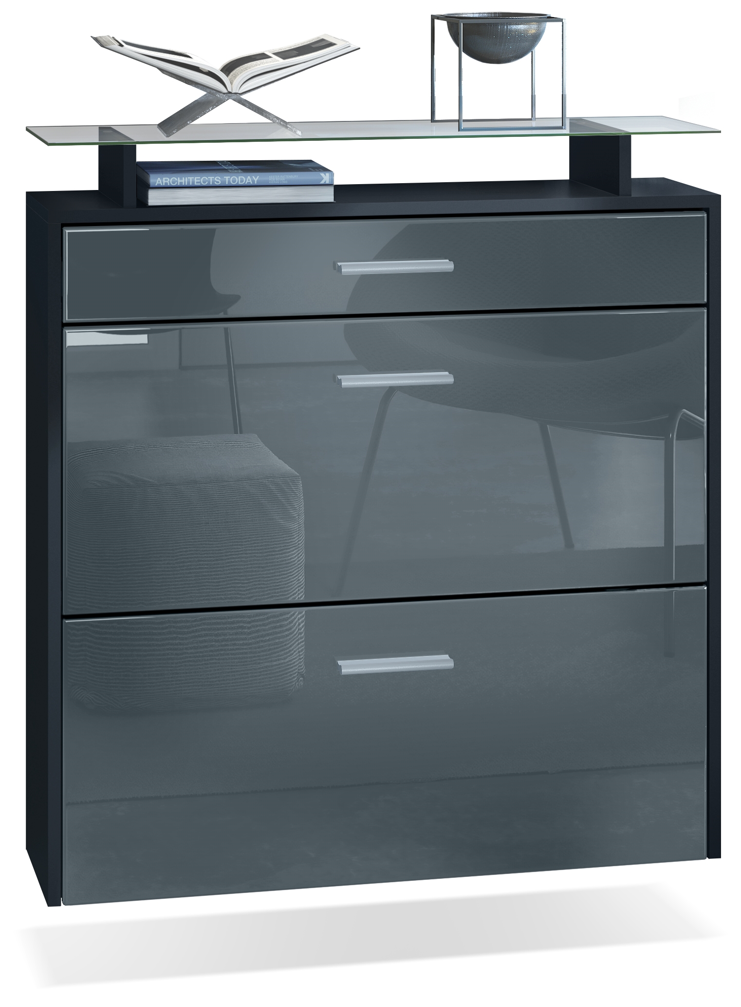 Schuhschrank Malea mit 2 Klappen und 1 Schublade und Glasablage Schwarz matt/Grau Hochglanz (89 x 96 x 23 cm)