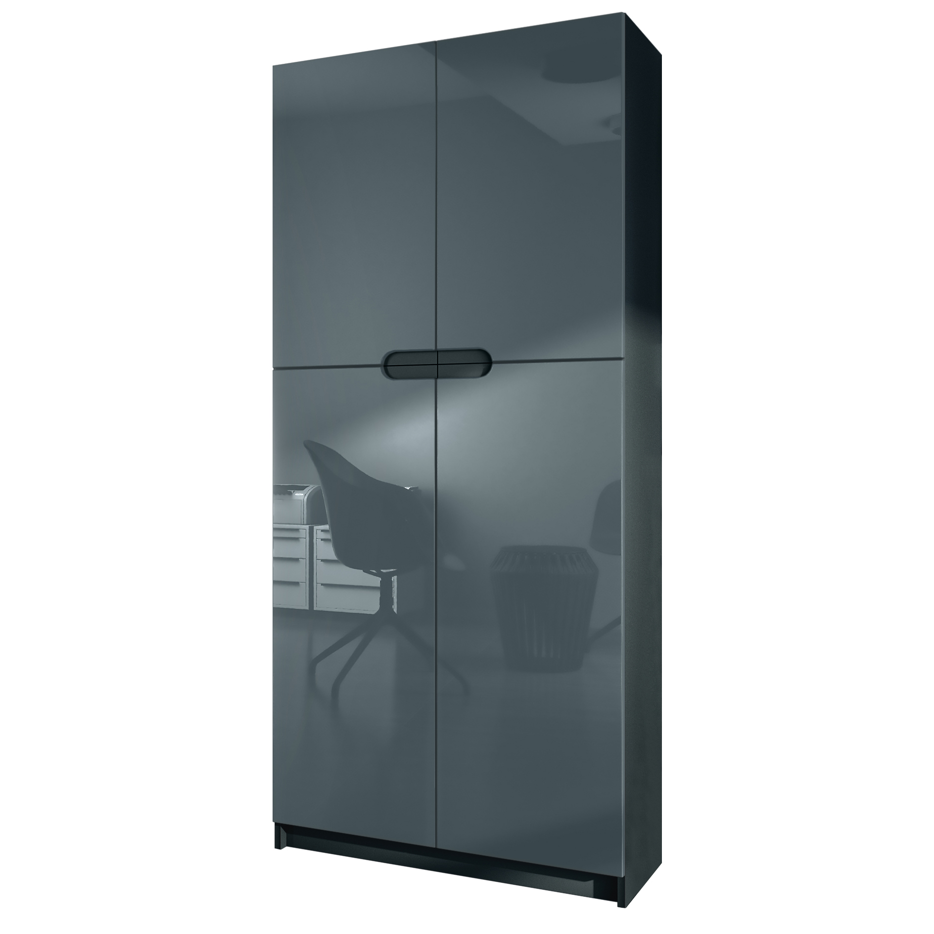 Büroschrank Logan V1 mit 5 Fächern und 4 Türen Schwarz matt/Grau Hochglanz (82 x 185 x 37 cm)