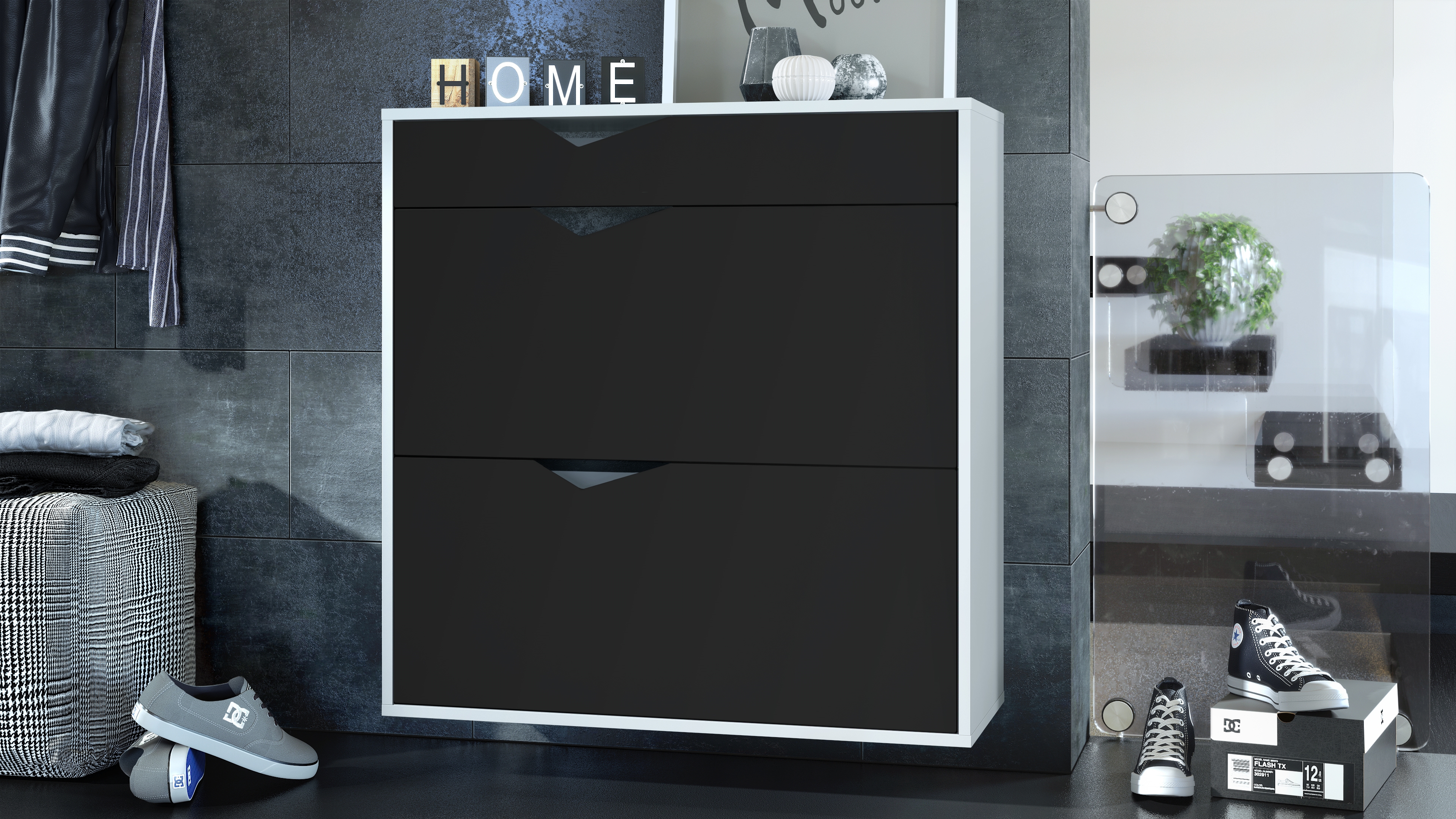 Schuhschrank Kolmio  für 16 Paar Schuhe mit 2 Klappen und Schublade Weiß matt/Schwarz matt (85 x 87 x 33 cm)