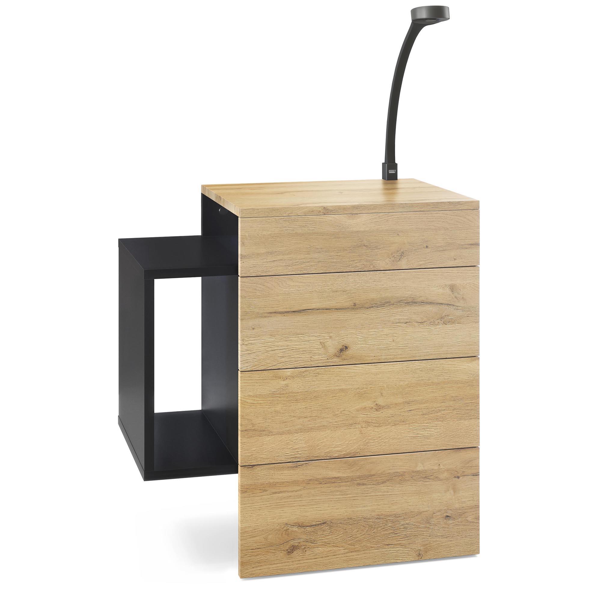 Nachttisch Queens und 1 seitlichem Fach zur Wandmontage Schwarz matt/Eiche Natur inkl. LED Flexi Lampe (60 x 63 x 36 cm)