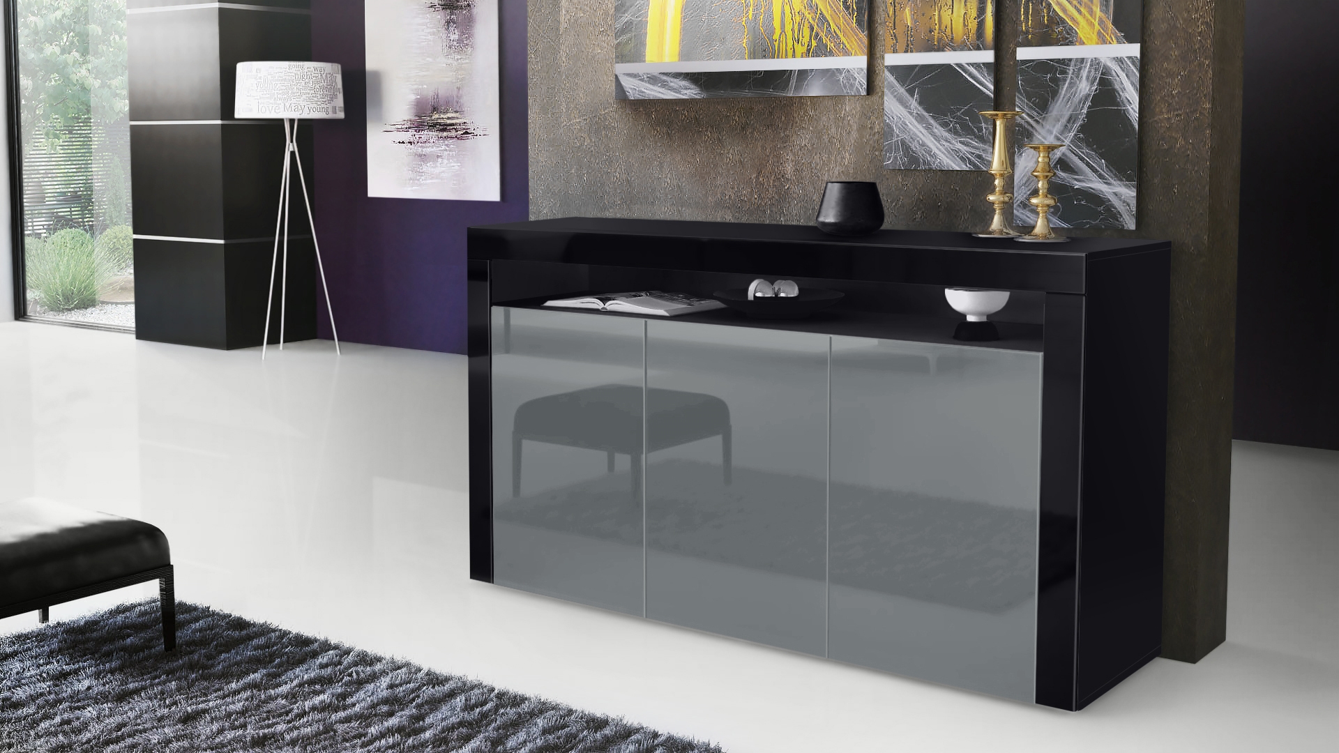 Sideboard Valencia mit 3 Türen und 1 offenem Fach Schwarz matt/Grau Hochglanz/Schwarz Hochglanz (155 x 92 x 40 cm)