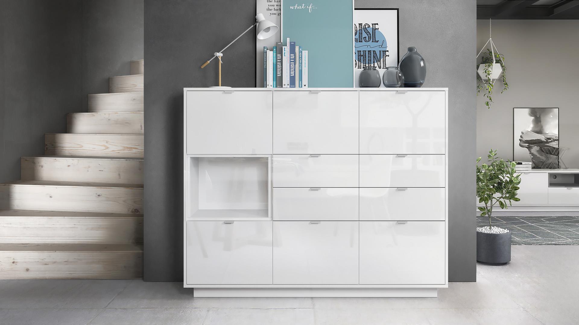 Highboard Metro V2  mit 6 Türen, 4 Schubladen und 1 offenem Fach Weiß Hochglanz (153 x 123 x 38 cm)