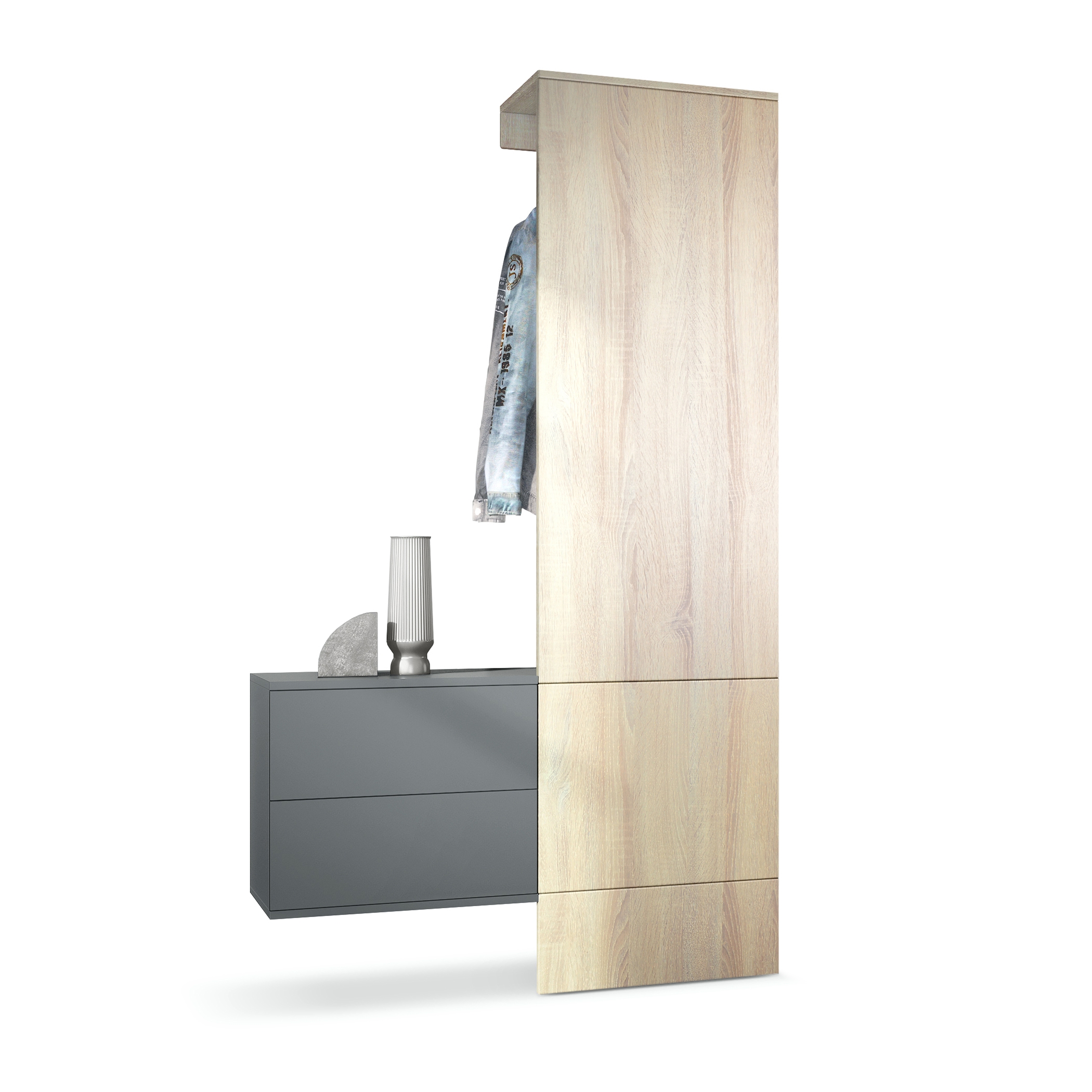Garderobe Carlton Set 2 Anthrazit 3-tlg. 1 Paneel und 1 Schubkastenschrank Anthrazit matt/Eiche sägerau (105 x 193 x 35 cm)