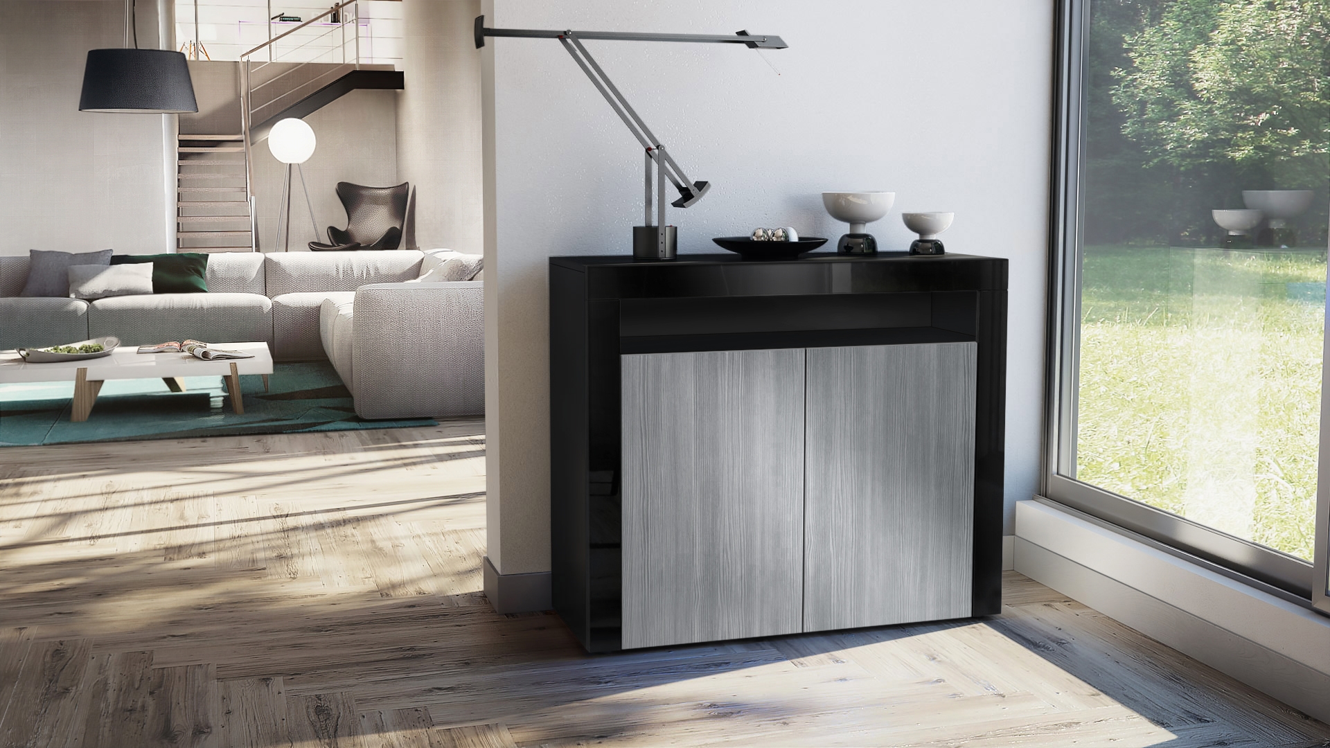 Kommode Valencia Sideboard mit 2 Türen und 1 offenem Fach Schwarz matt/Avola-Anthrazit/Schwarz Hochglanz (108 x 92 x 40 cm)