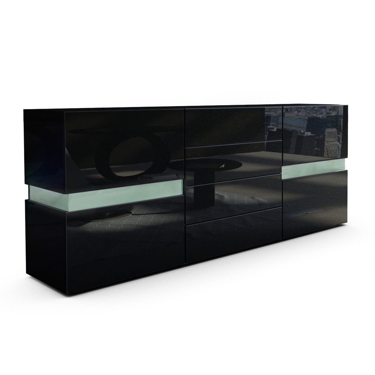 Sideboard Flow mit 2 Türen, je 2 Fächer dahinter und 4 Schubladen Schwarz matt/Schwarz Hochglanz (177 x 75 x 39 cm)