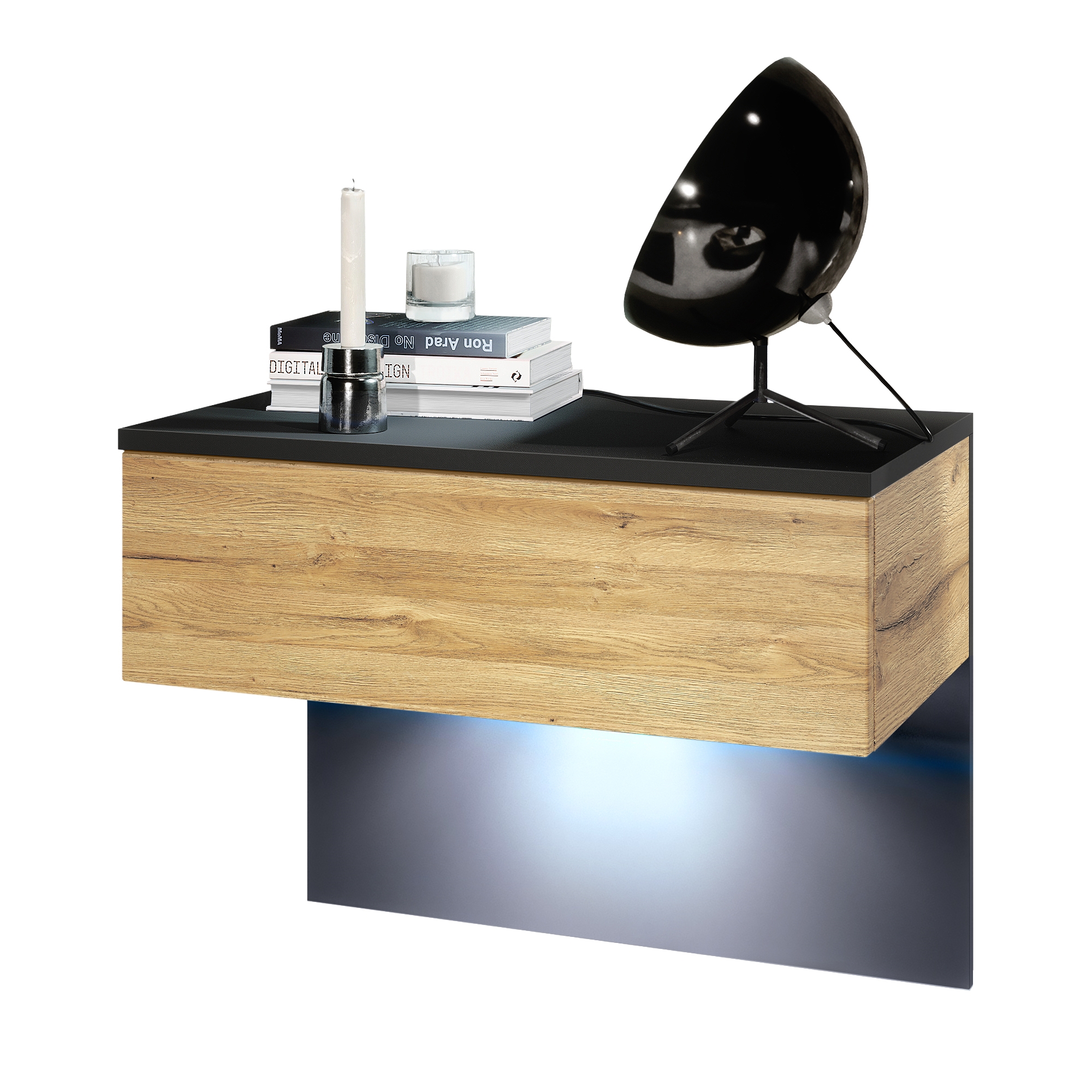 Nachttisch Sleep mit Schublade zur Wandmontage Schwarz matt/Eiche Natur (60 x 46 x 35 cm)