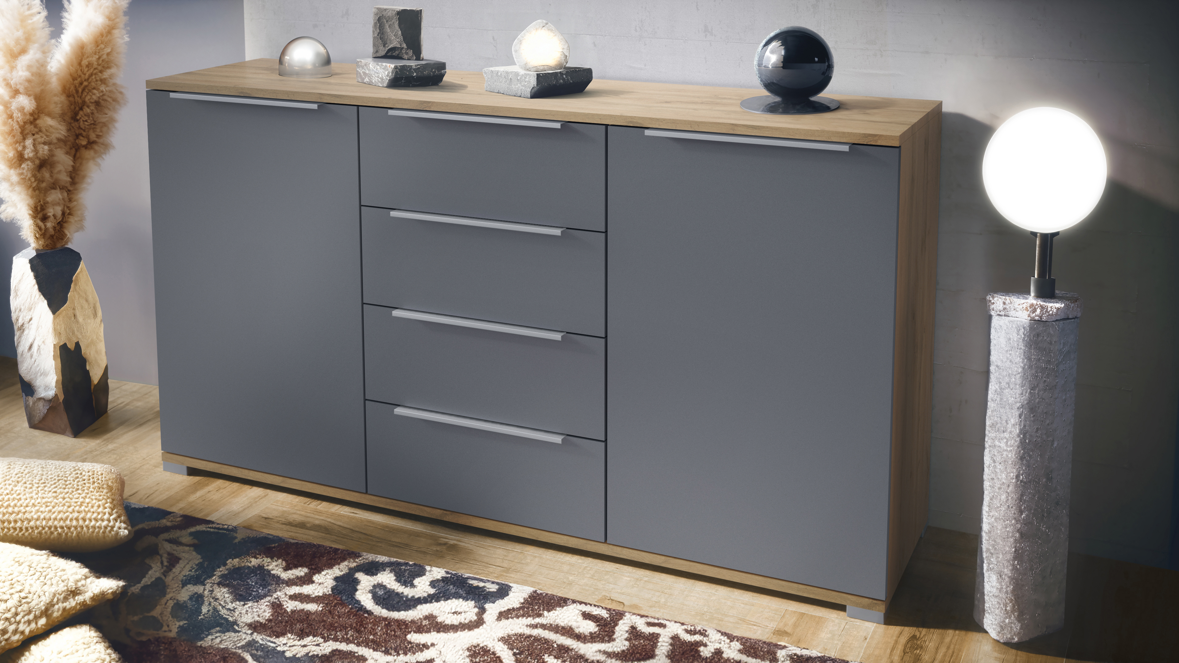 Linio V1 Sideboard Eiche Evoke mit 2 Türen und 4 Schubladen Eiche Evoke/Anthrazit matt (138,5 x 75,5 x 35 cm)