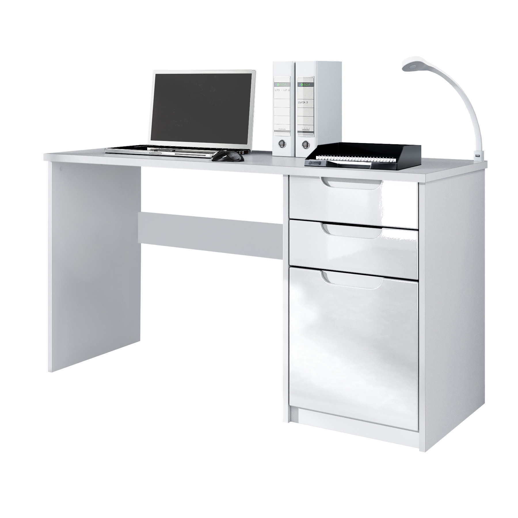 Schreibtisch Logan mit 2 Schubladen und 1 Tür Weiß matt/Weiß Hochglanz (129 x 76 x 60 cm)