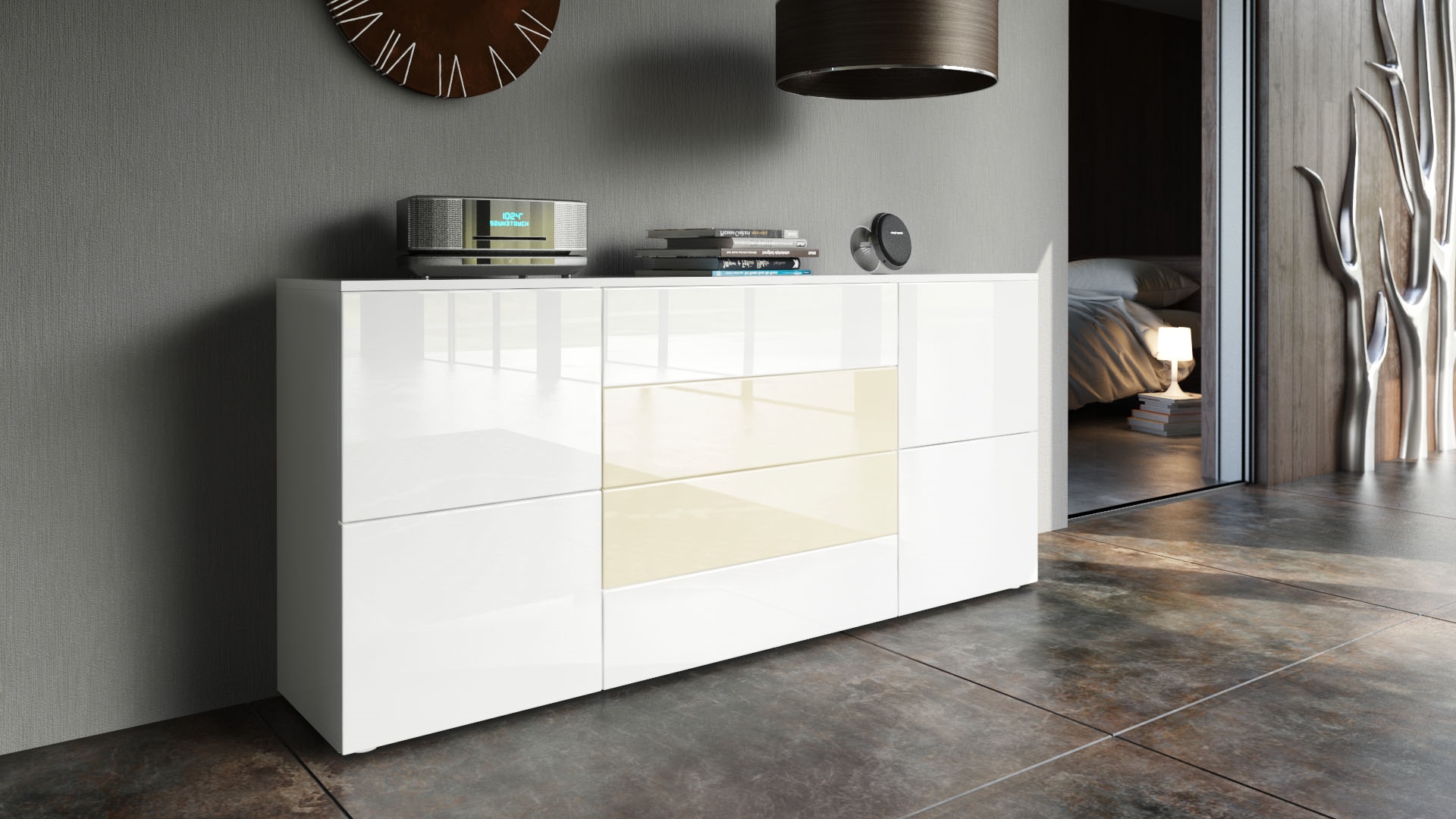 Sideboard Rova mit 4 Türen und 4 Schubladen Weiß matt/Weiß Hochglanz/Creme Hochglanz (166 x 72 x 35 cm)
