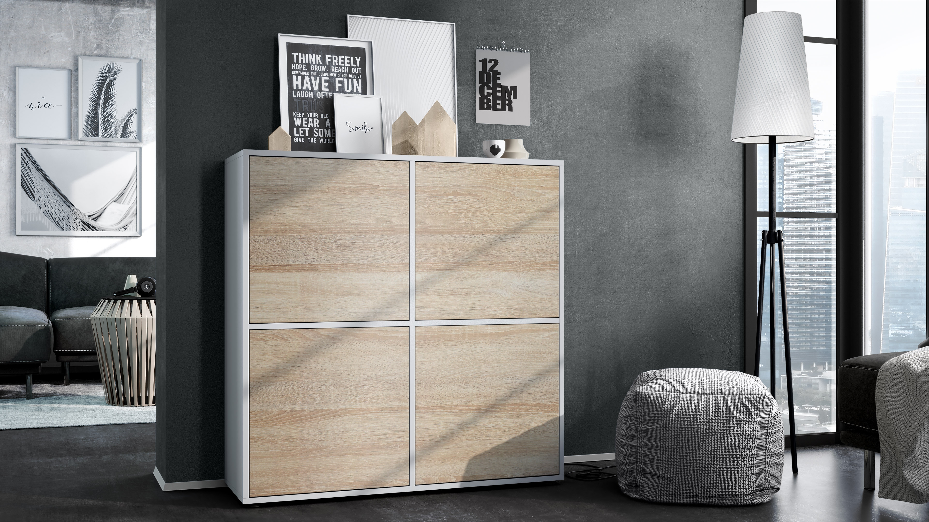 Highboard Cuba V2 104 x 105,5 x 35,5 cm Sideboard mit 8 Fächern Korpus in Weiß matt / Fronten in Eiche sägerau