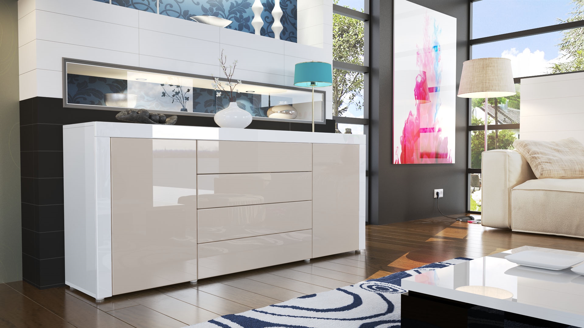 Sideboard La Paz mit 2 Türen und 4 Schubladen Sandgrau Hochglanz / Weiß Hochglanz (167 x 72 x 35)
