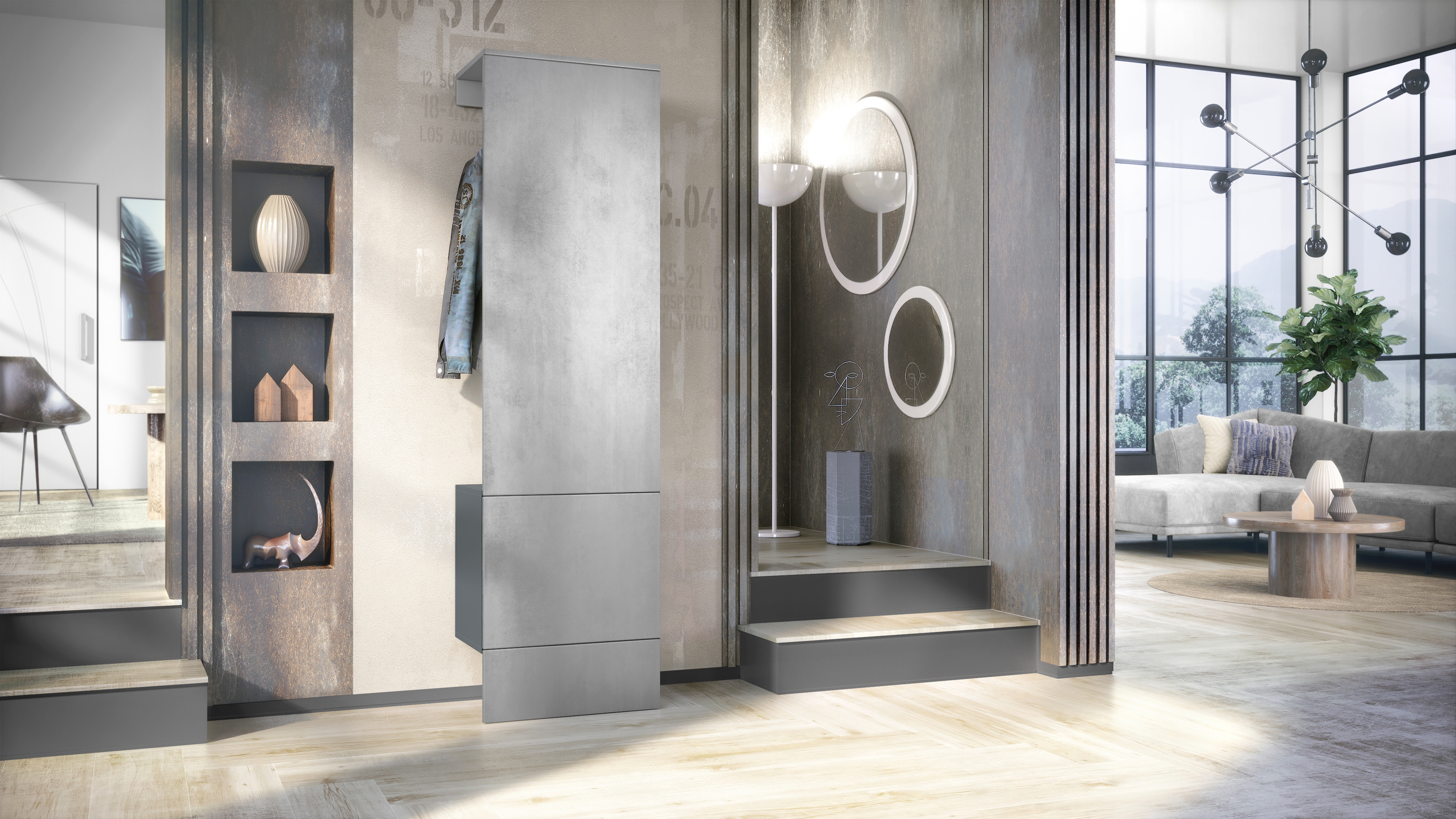 Garderobe Carlton Typ 5 Anthrazit mit integrierter Tür und 1 Kleiderstange Anthrazit matt/Beton Oxid Optik (52 x 193 x 35 cm)