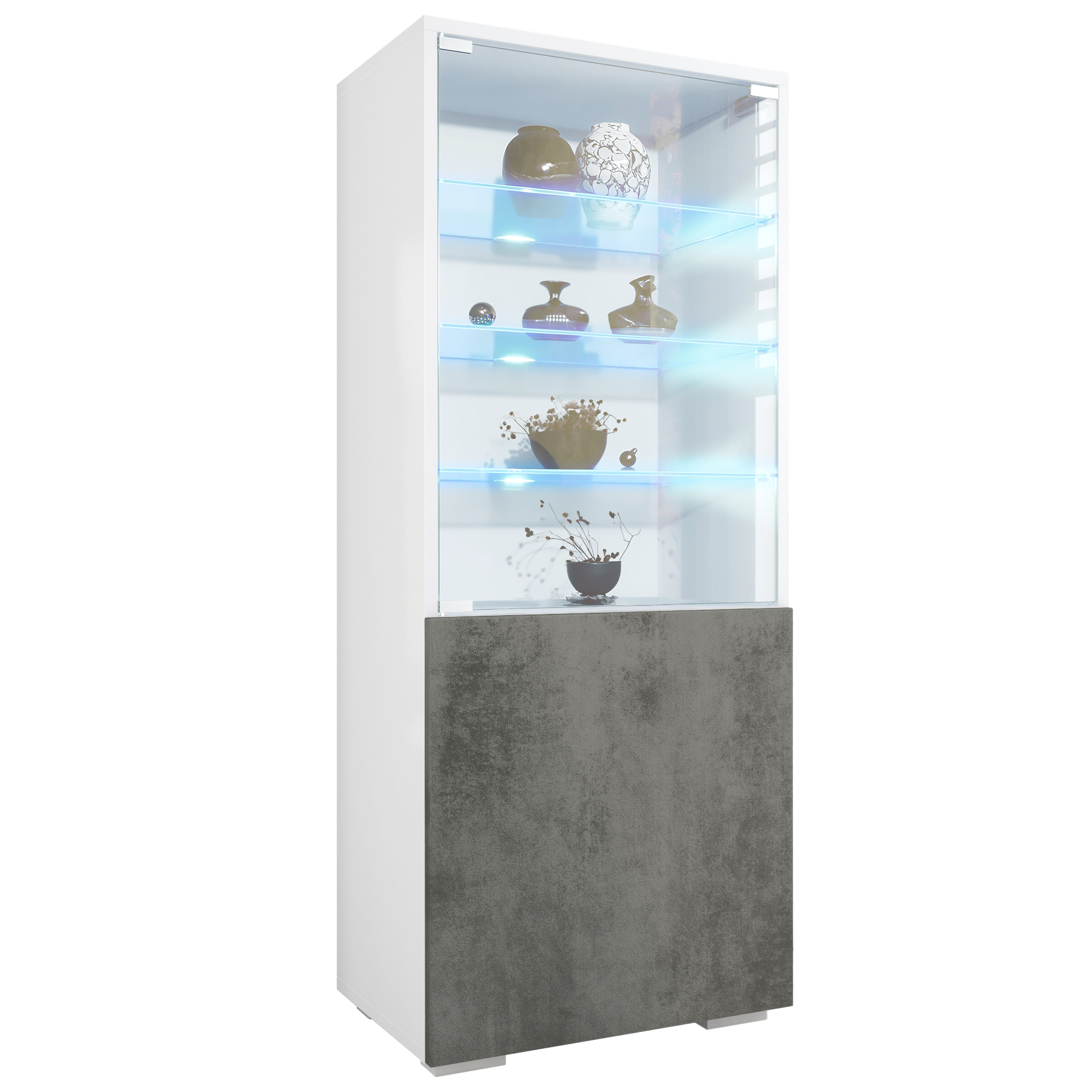 Granada Vitrine Weiß mit LED mit Glastür und Glaseinsatz inkl. LED Weiß matt/Beton Dunkel Optik (50 x 122,5 x 34,5 cm)