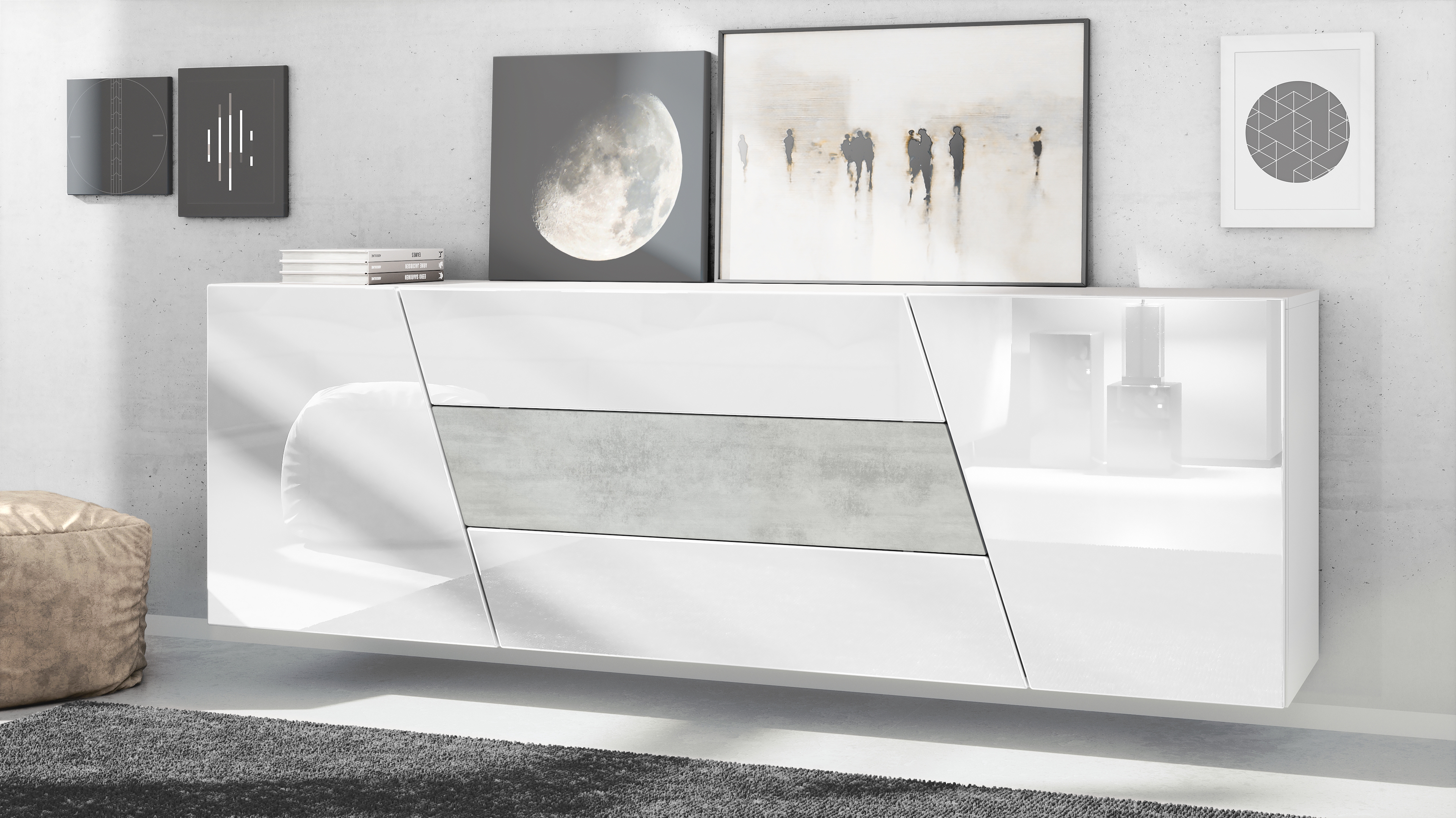 Houston Sideboard hängend mit 2 Türen und 3 Schubladen Weiß matt/Weiß Hochglanz/Beton Oxid Optik (178 x 57,5 x 38,5 cm)