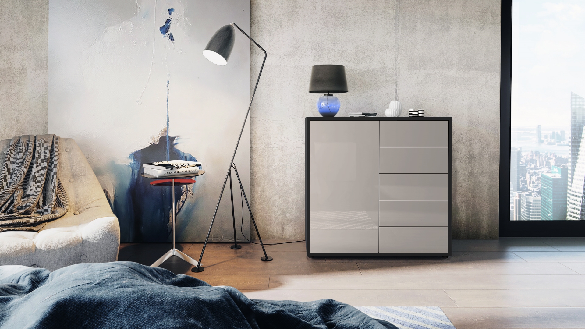 Kommode Ben V2  mit 1 Tür und 5 Schubladen Schwarz matt/Sandgrau Hochglanz (79 x 74 x 36 cm)