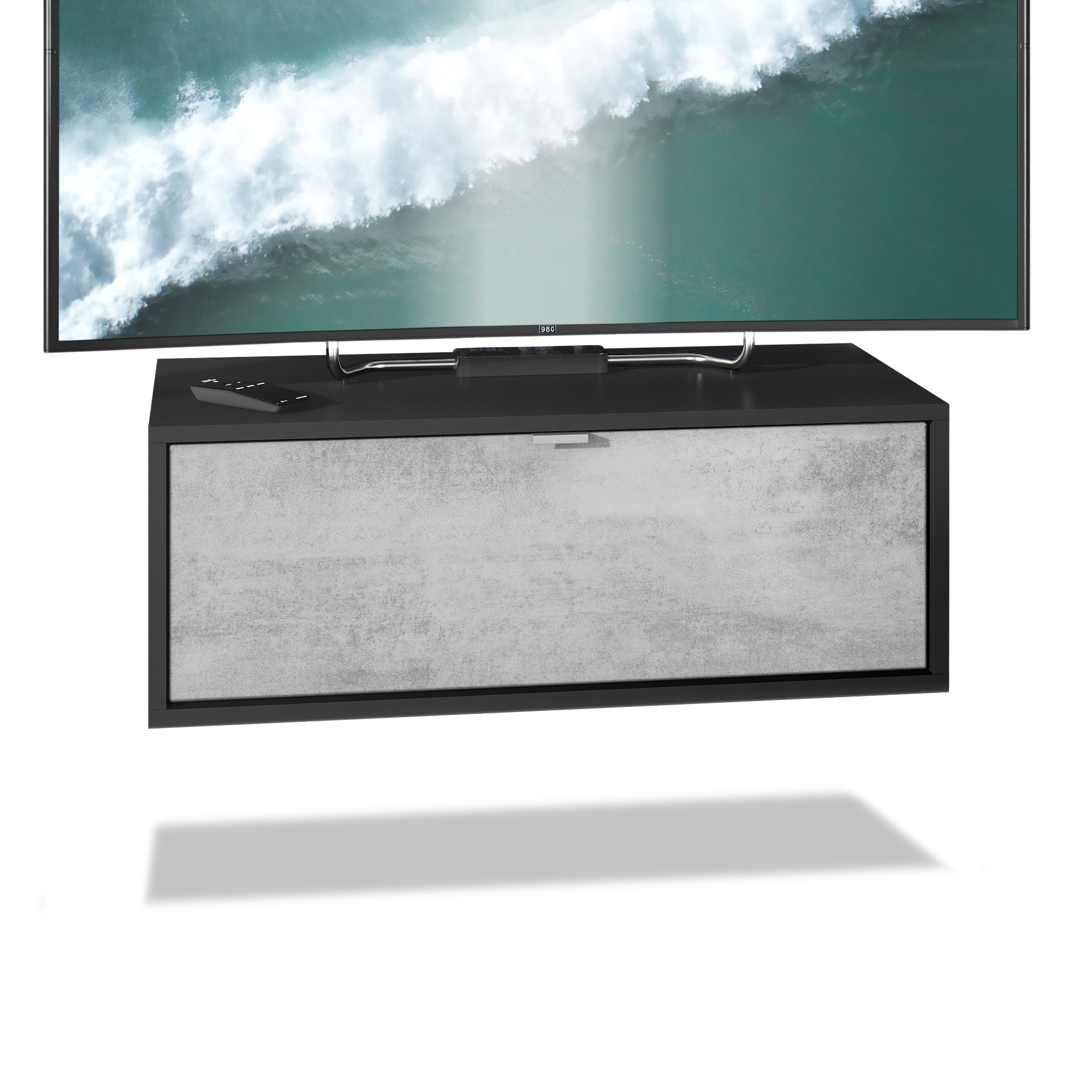 Lowboard Lana 800 mit Klappe Schwarz matt/Beton Oxid Optik (80 x 29 x 37 cm)