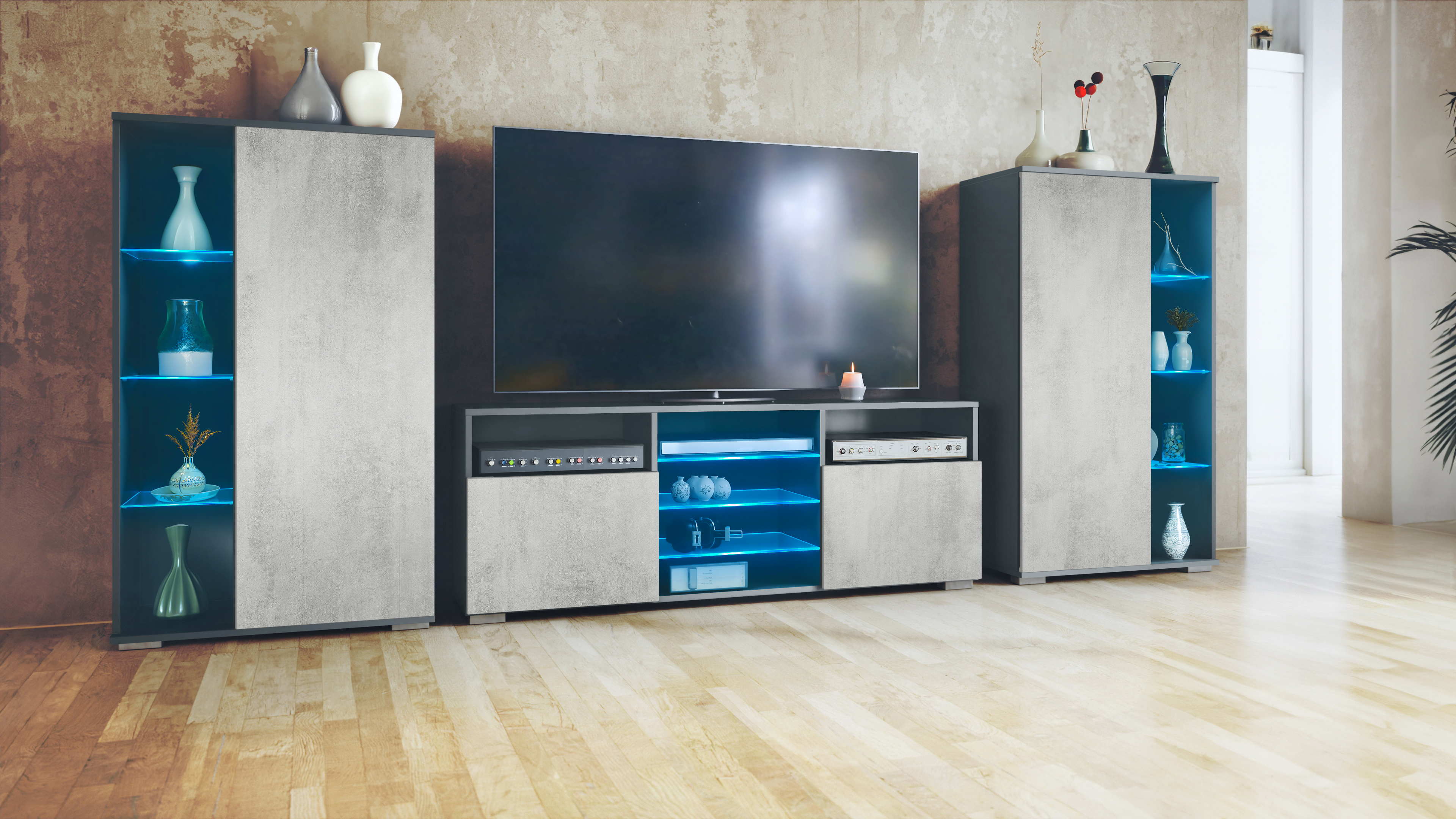 Wohnwand Davos LED 3-tlg. bestehend aus 2 Vitrinen, 1 TV-Board und LED-Beleuchtung Anthrazit matt/Beton Oxid Optik (329 x 134 x 35 cm)