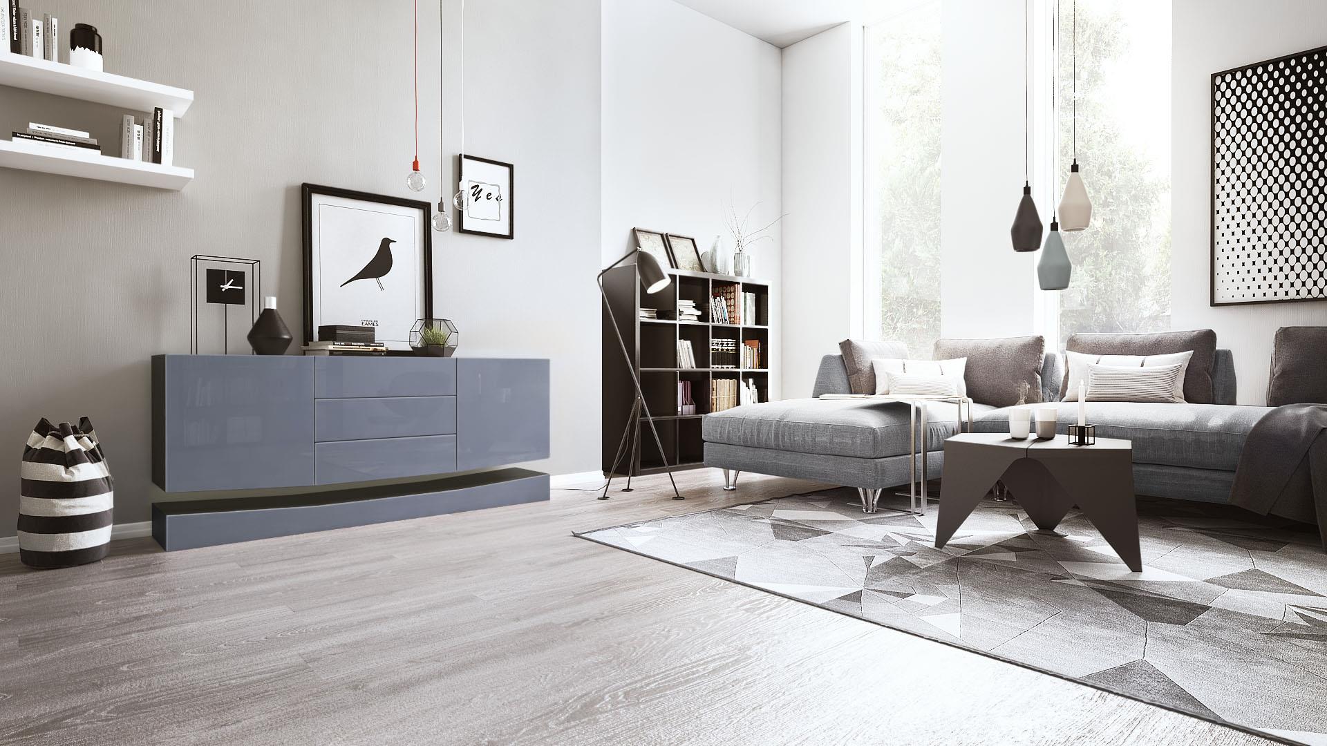 Sideboard City  mit 2 Türen und 3 Schubladen Schwarz matt/Grau Hochglanz (178 x 72 x 38 cm)