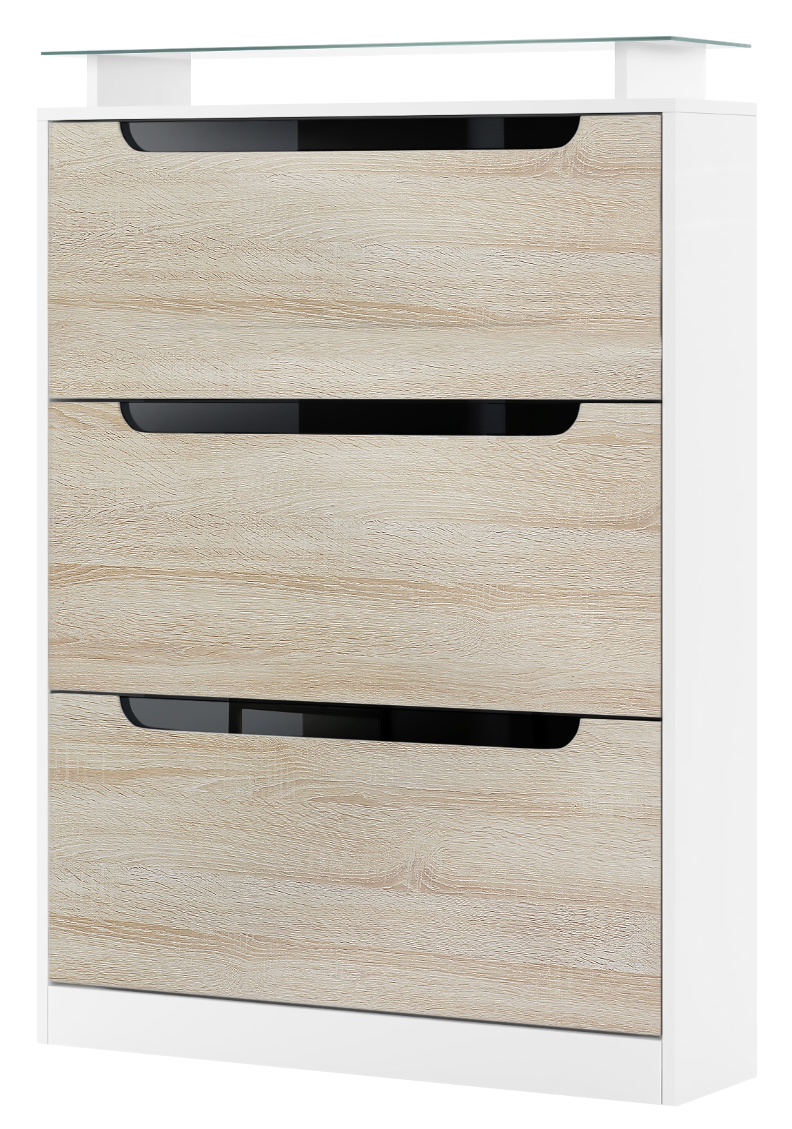 Schuhschrank Space  für 24 Paar Schuhe mit 3 Klappen und Glasablage Weiß matt/Eiche sägerau/Absetzung in Schwarz glänzend (89x128x23 cm)