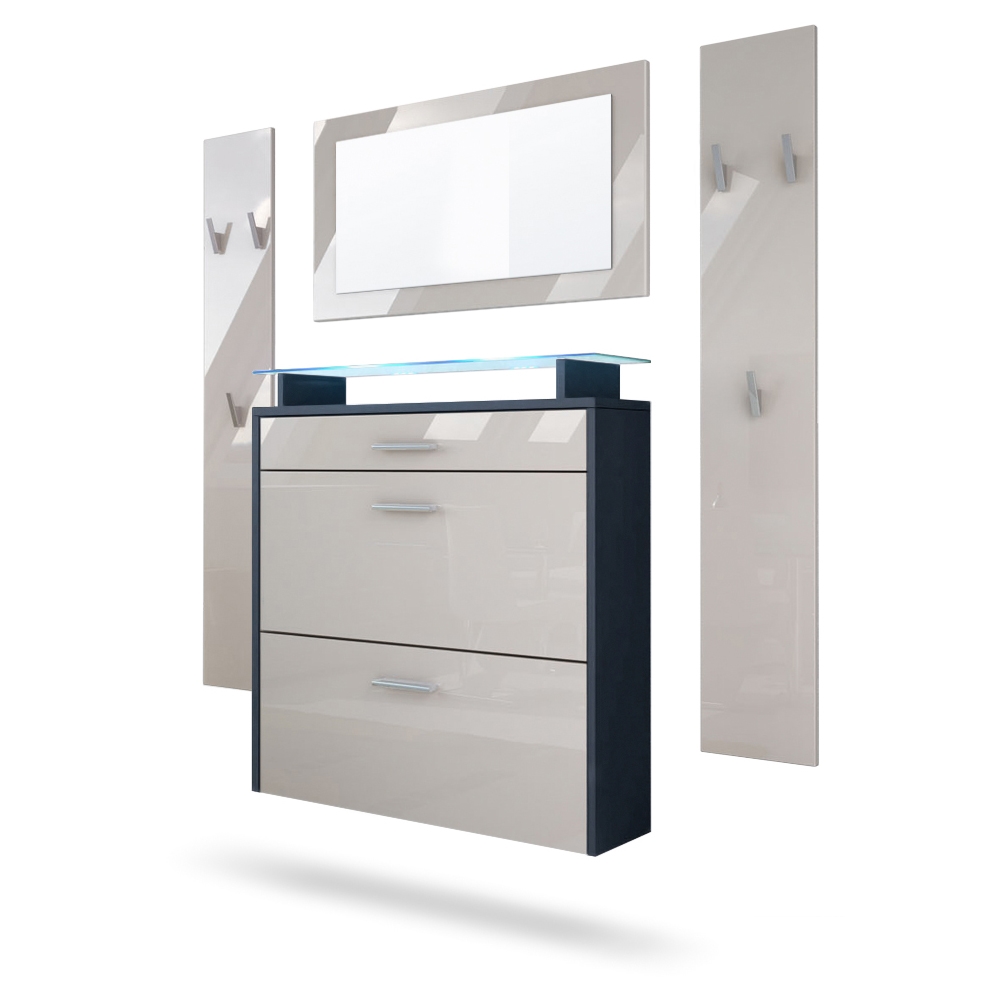 Garderobenset Malea 1 Wandspiegel und 2 Garderobenpaneele Anthrazit matt/Sandgrau Hochglanz, inkl. LED-Beleuchtung blau