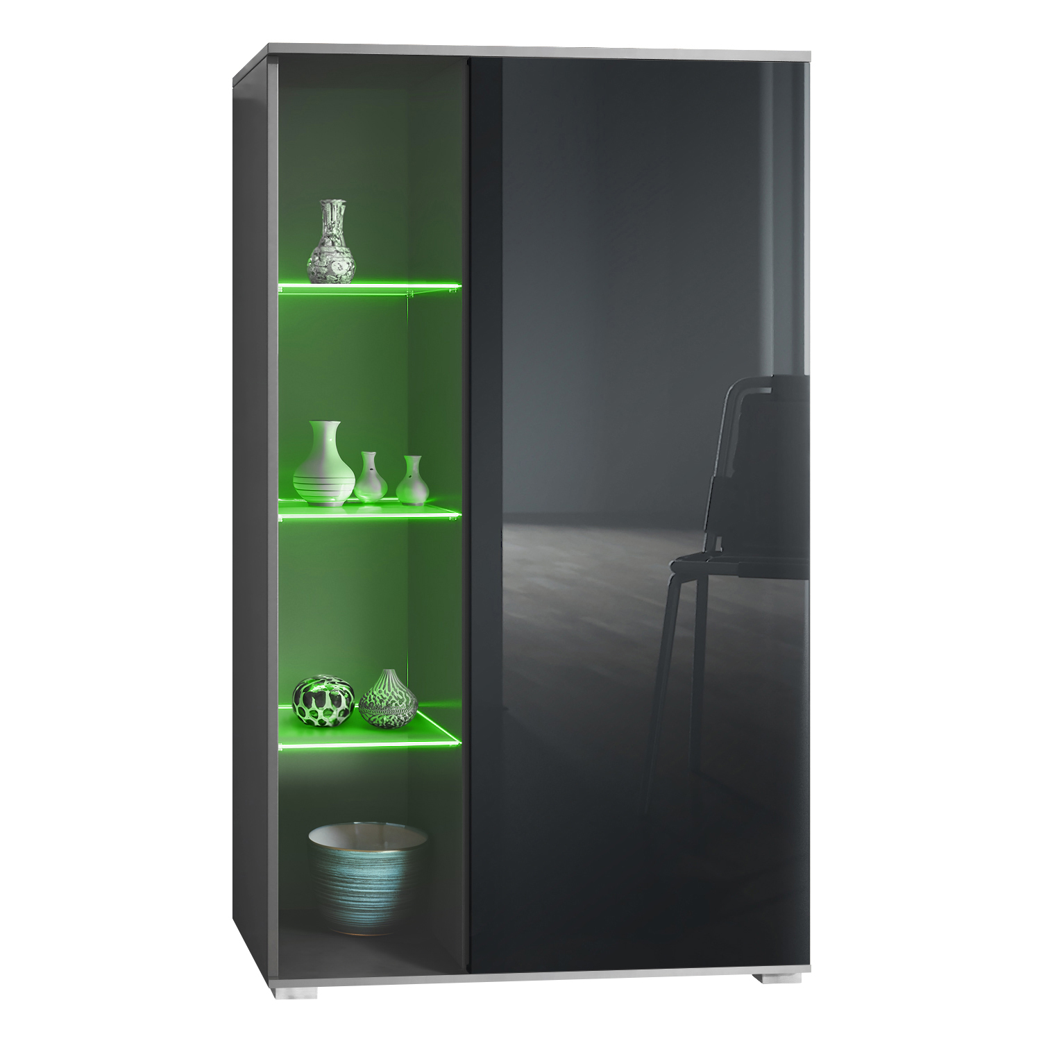 Vitrine Davos mit 3 Glasböden und 8 Fächer inkl. LED Anthrazit matt/Schwarz Hochglanz (71,5 x 134 x 35 cm)