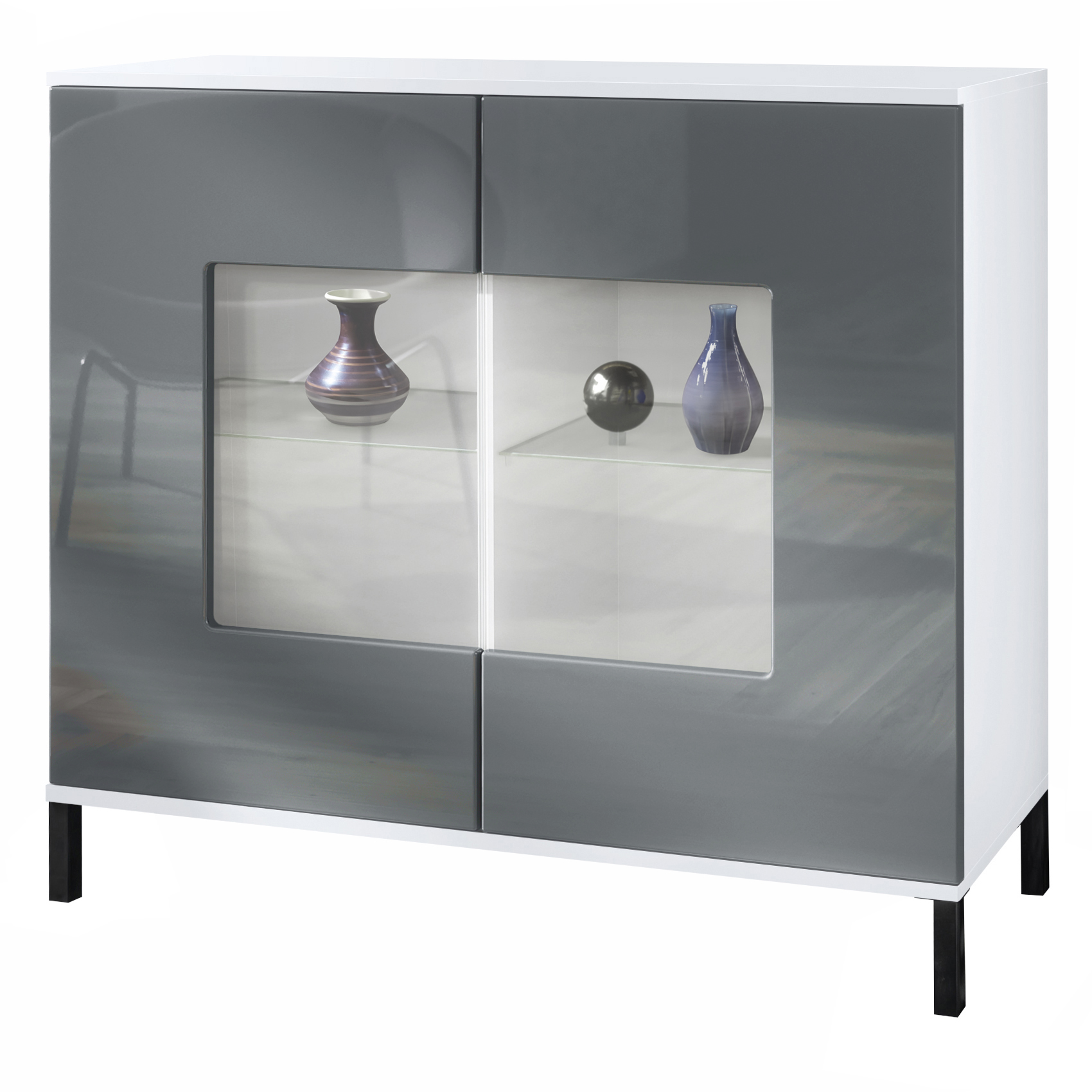 Grömitz V3 Kommode Weiß mit 2 großen Glastüren Weiß matt / Grau Hochglanz (92,5 x 83.5 x 35)