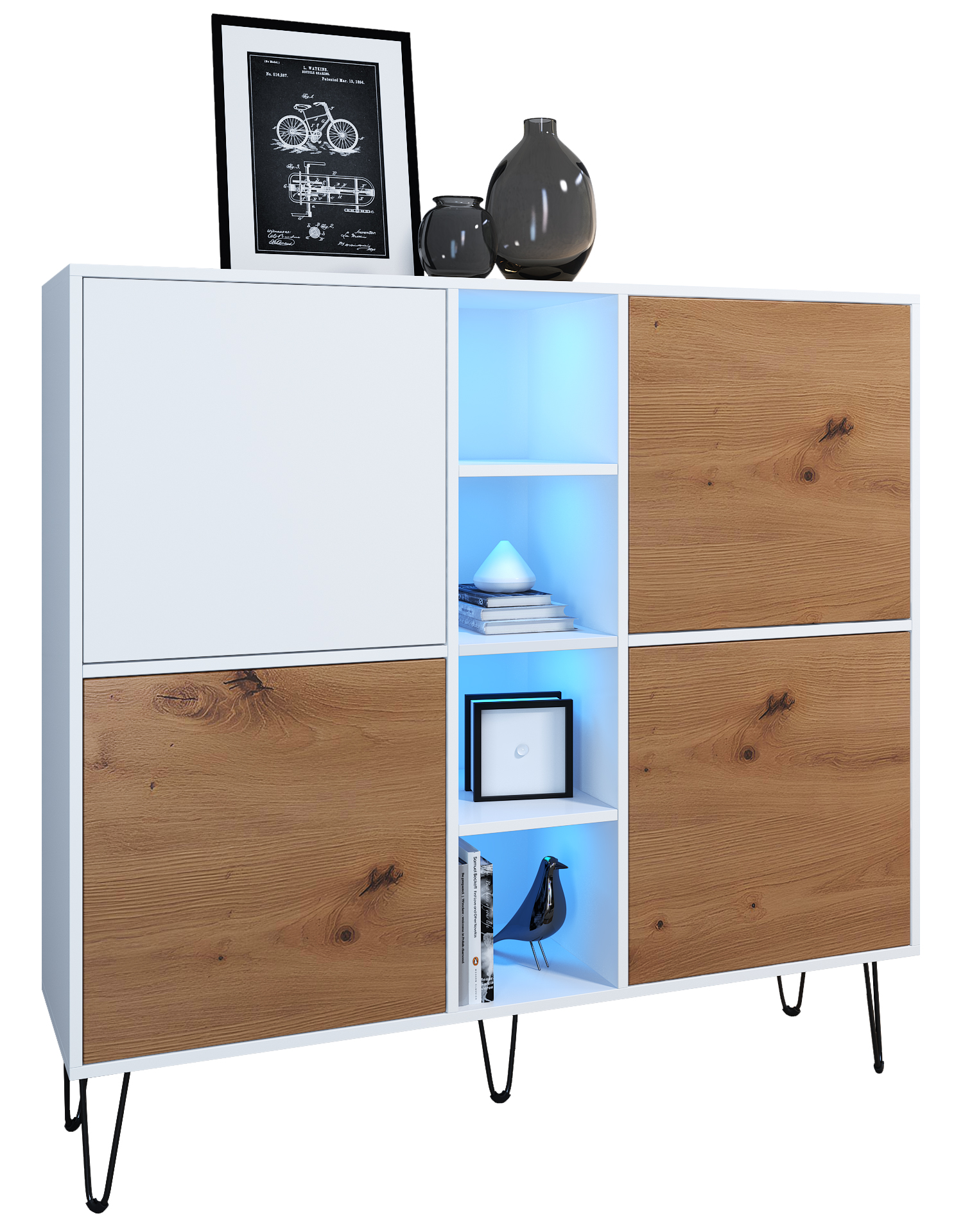 Highboard Havana V3 mit LED Kommode mit LED, Made in Germany Weiß matt / Eiche Evoke (130,5 x 124 x 35 cm)
