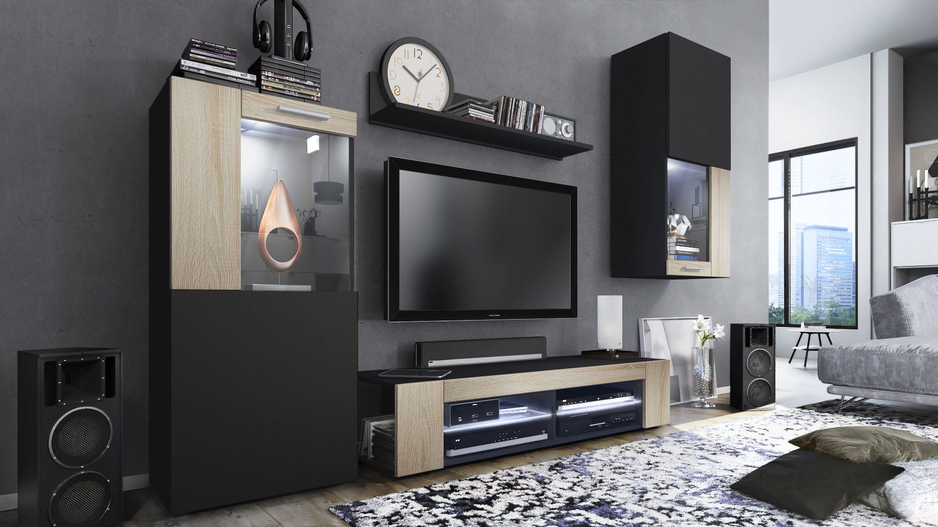 Wohnwand Movie 4-tlg. Schwarz mit LED  bestehend aus 1 TV-Board, 2 Vitrinen und 1 Regal Schwarz matt/Eiche Sägegrau mit Beleuchtung (300x190x39 cm)