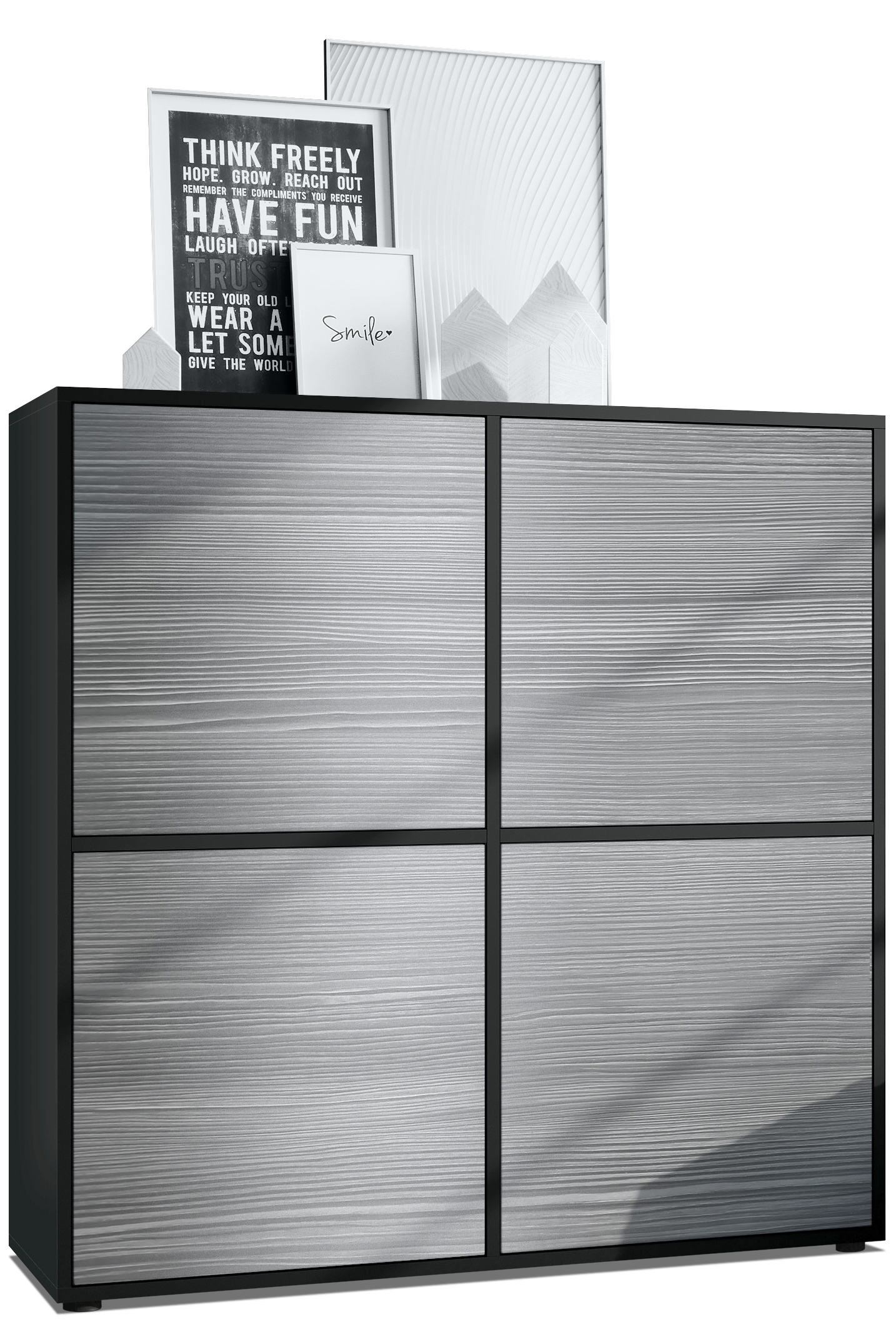 Highboard Cuba V2 Sideboard mit 4 Push-to-Open Türen, Made in Germany Schwarz matt / Avola-Anthrazit (104 x 105,5 x 35,5 cm)