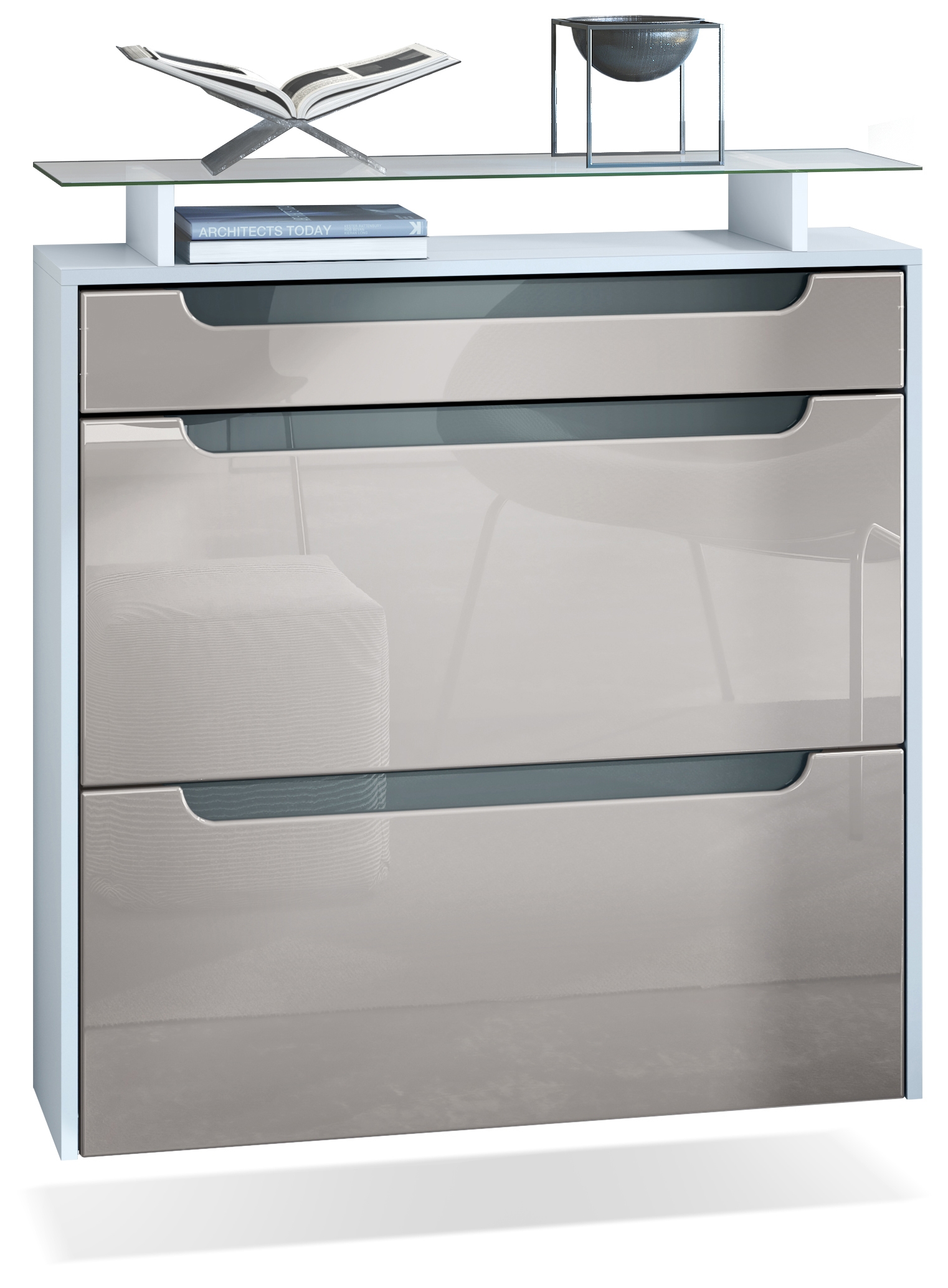 Schuhschrank Annie mit 2 Klappen, 1 Schublade und Glasablage Weiß matt/Sandgrau Hochglanz, Mulden in Grau Hochglanz (89x96x23 cm)